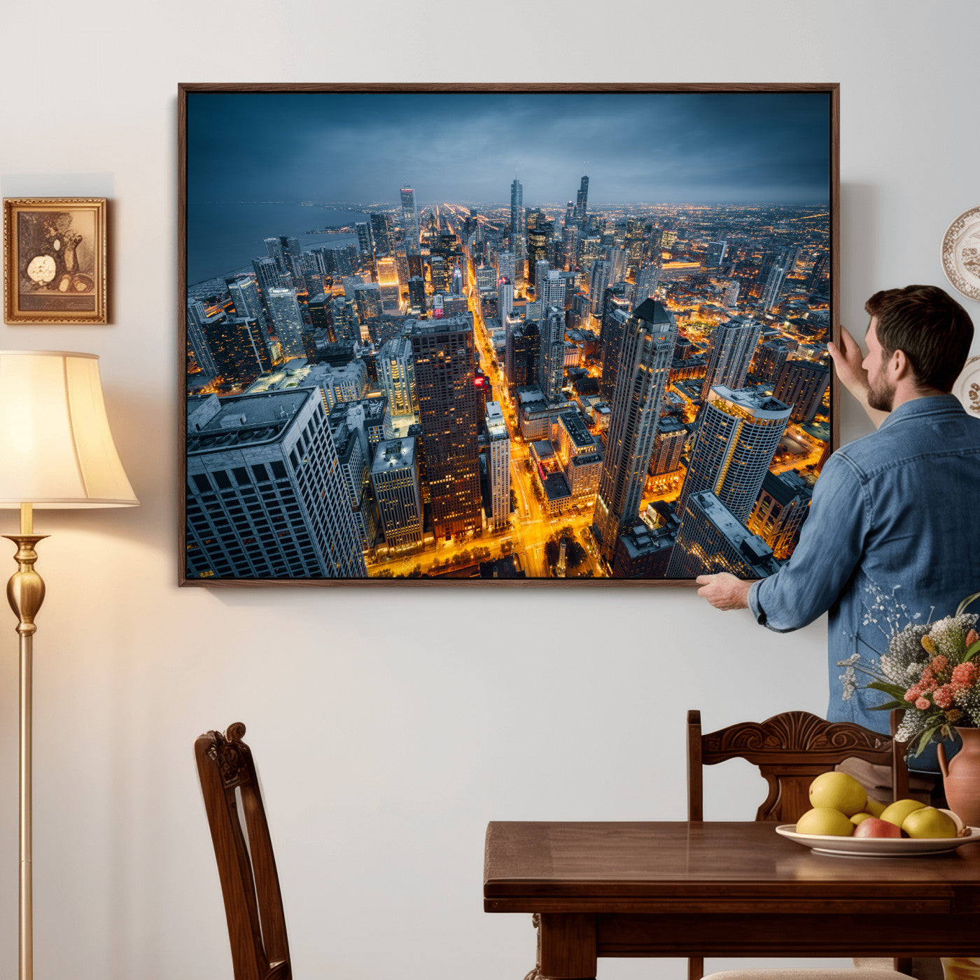 81742538-MGV-CV-36X24 - Chicago Wall Art Canvas Print, Chicago City Downtown Night Cityscape Print for Modern Urban Wall Decor