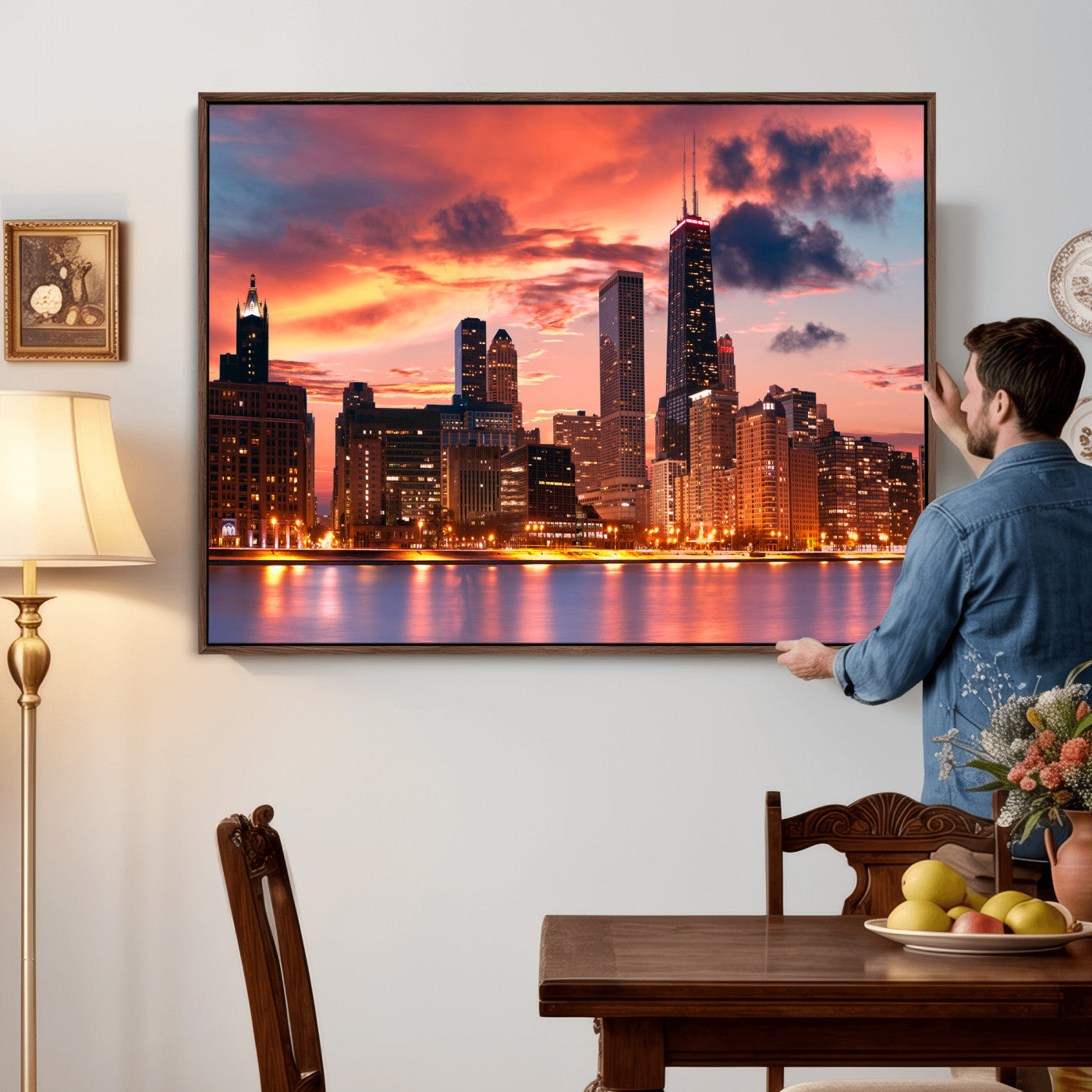 80390109-MGV-CV-36X24 - Chicago Wall Art Canvas Print, Chicago City Downtown Night Cityscape Print for Modern Urban Wall Decor