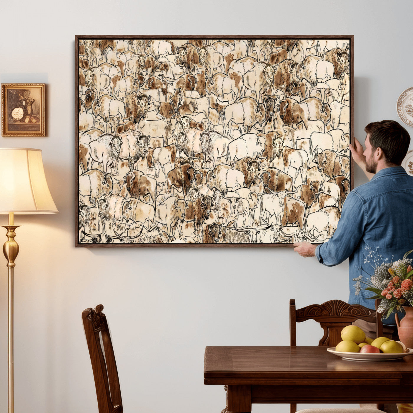 50142019-MGV-CV-36X24 - Farmhouse Animals Wall Art Canvas Print - Abstract Farm Animal Drawing Mid-Century Wall Art for Cabin Decor