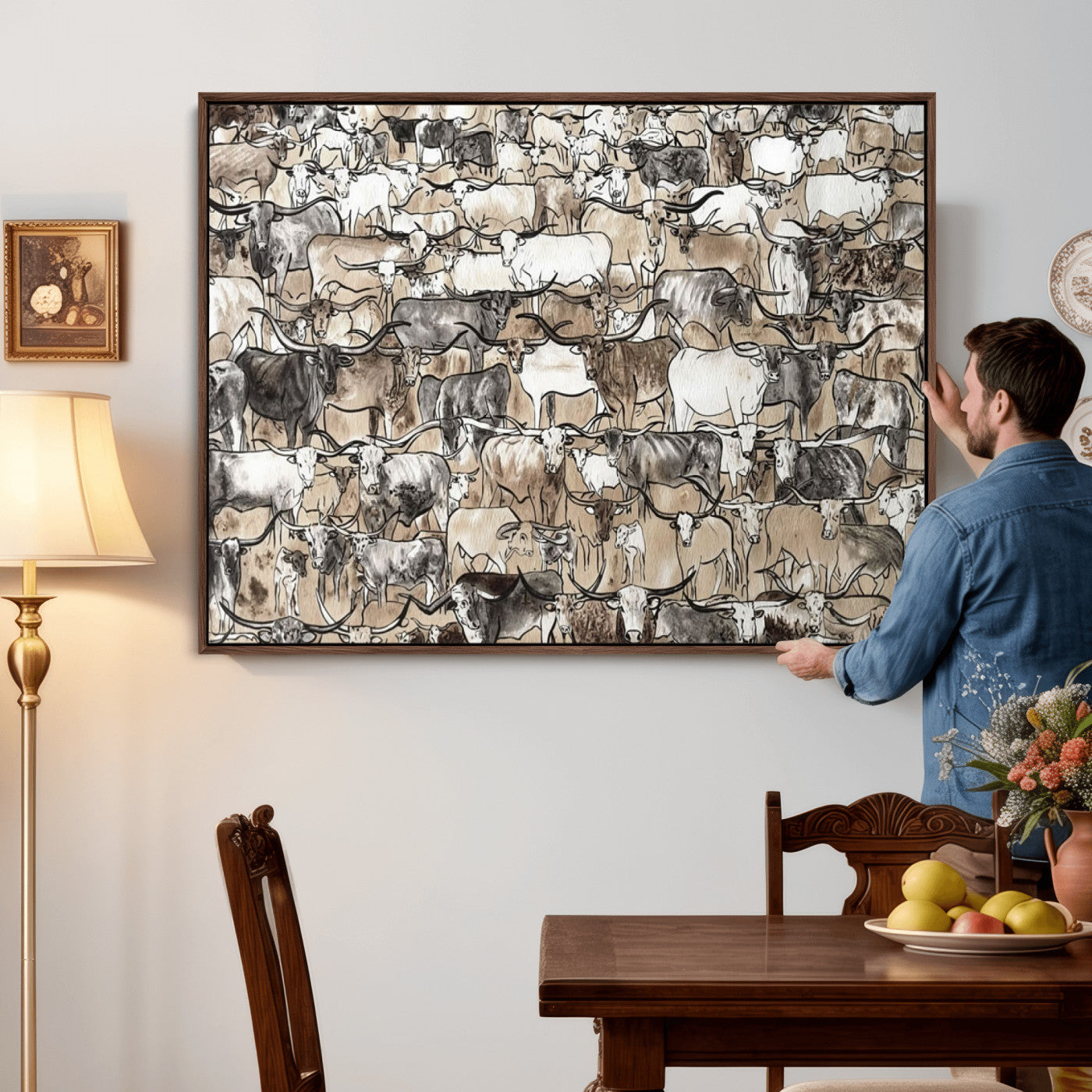 64368752-MGV-CV-36X24 - Farmhouse Animals Wall Art Canvas Print - Abstract Farm Animal Drawing Mid-Century Wall Art for Cabin Decor