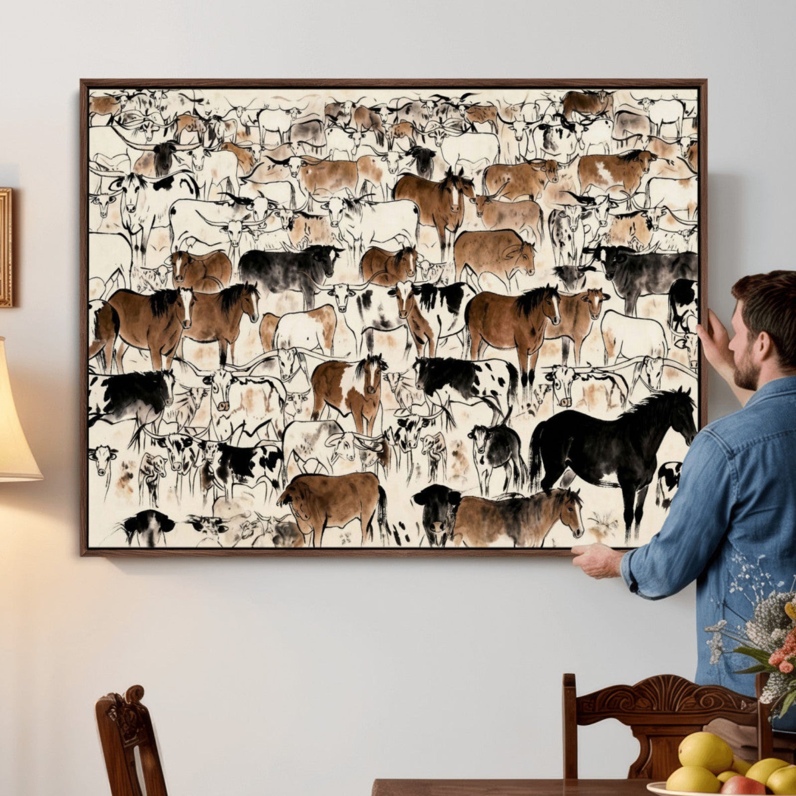 86150485-MGV-CV-36X24 - Farmhouse Animals Wall Art Canvas Print - Abstract Farm Animal Drawing Mid-Century Wall Art for Cabin Decor