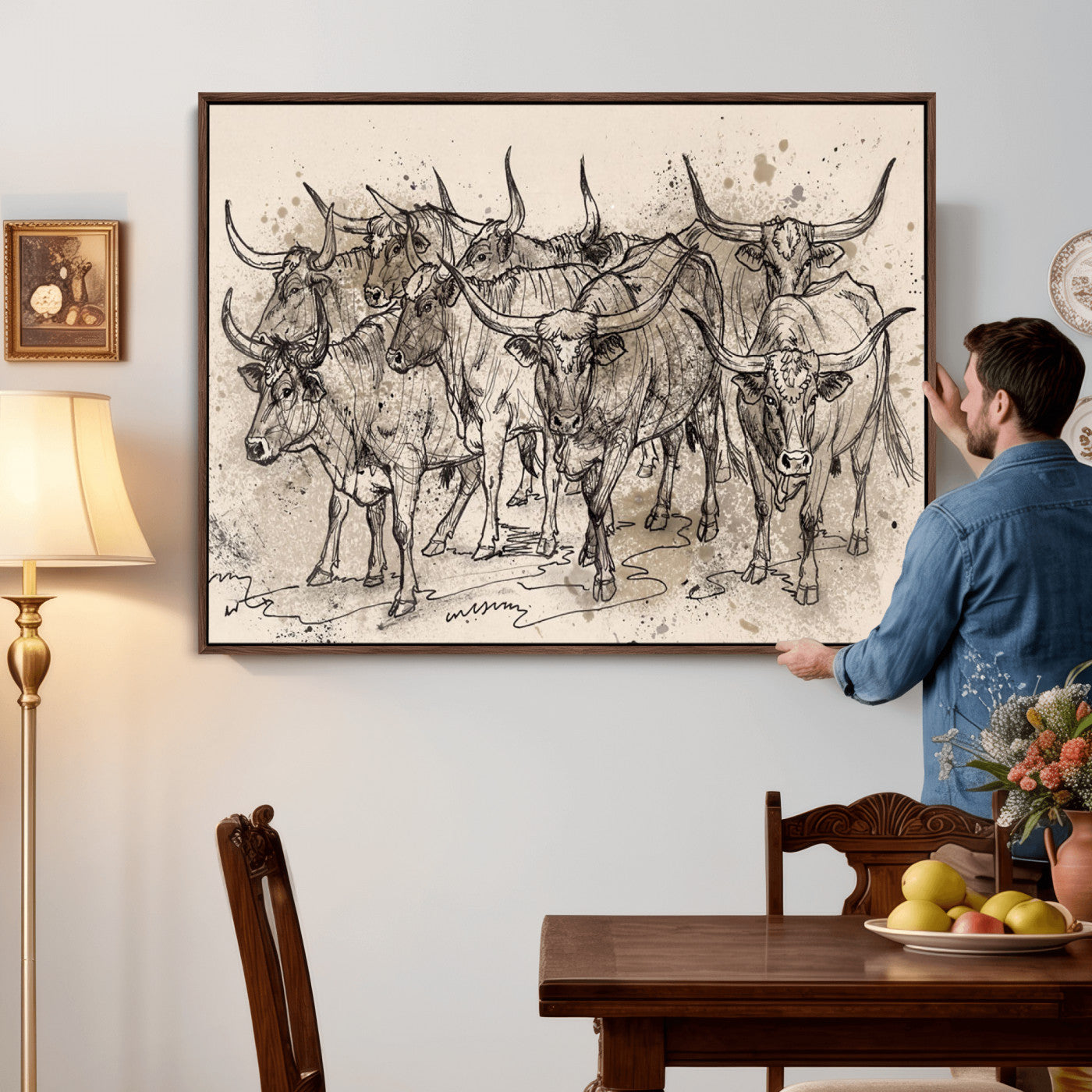 74232558-MGV-CV-36X24 - Farmhouse Animals Wall Art Canvas Print - Abstract Farm Animal Drawing Mid-Century Wall Art for Cabin Decor