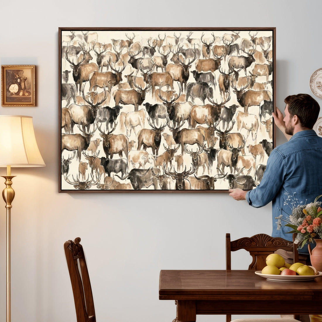 American Elk Wall Art Canvas Print, Abstract Deer Animal Drawing for Cabin Decor