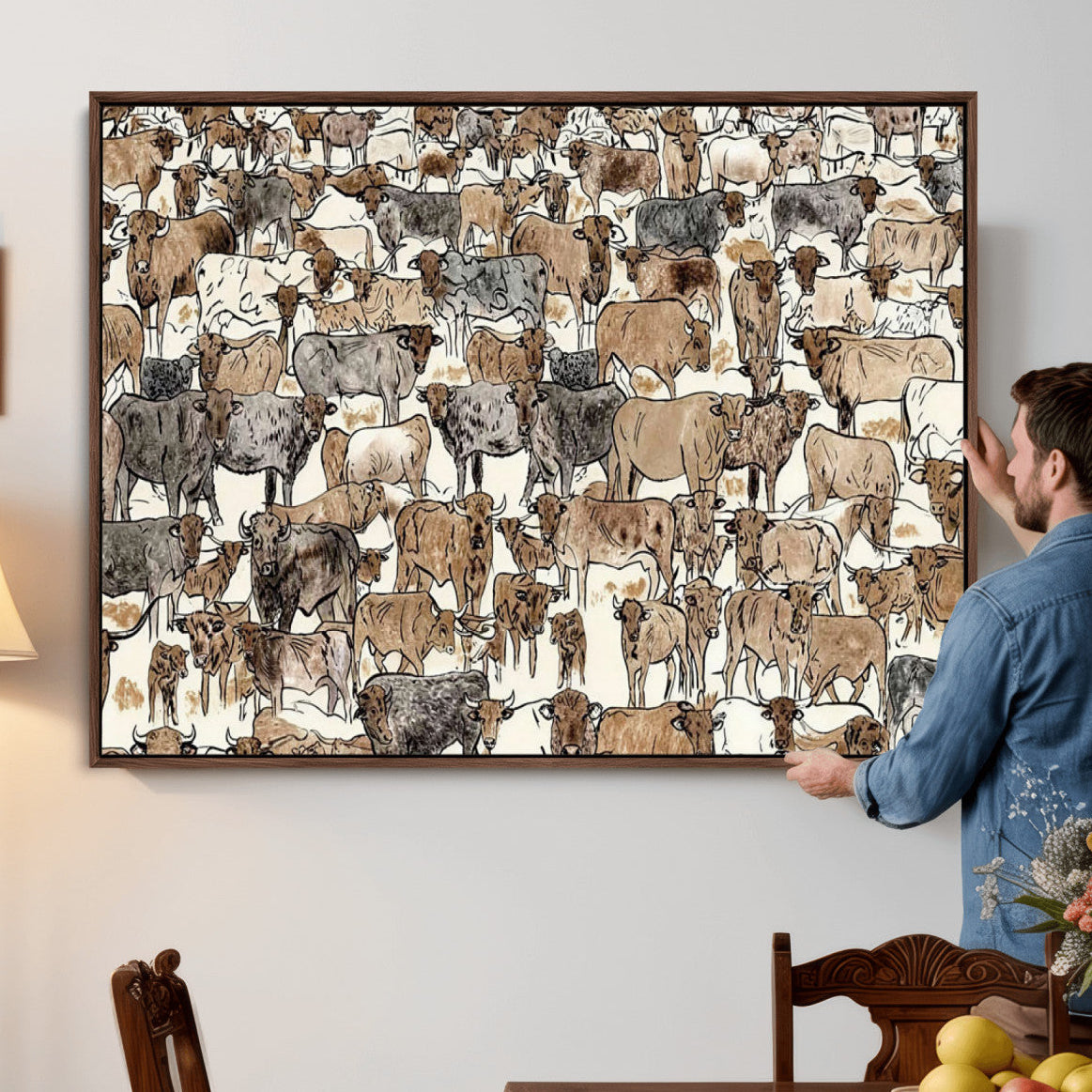 76902119-MGV-CV-36X24 - Farmhouse Animals Wall Art Canvas Print - Abstract Farm Animal Drawing Mid-Century Wall Art for Cabin Decor