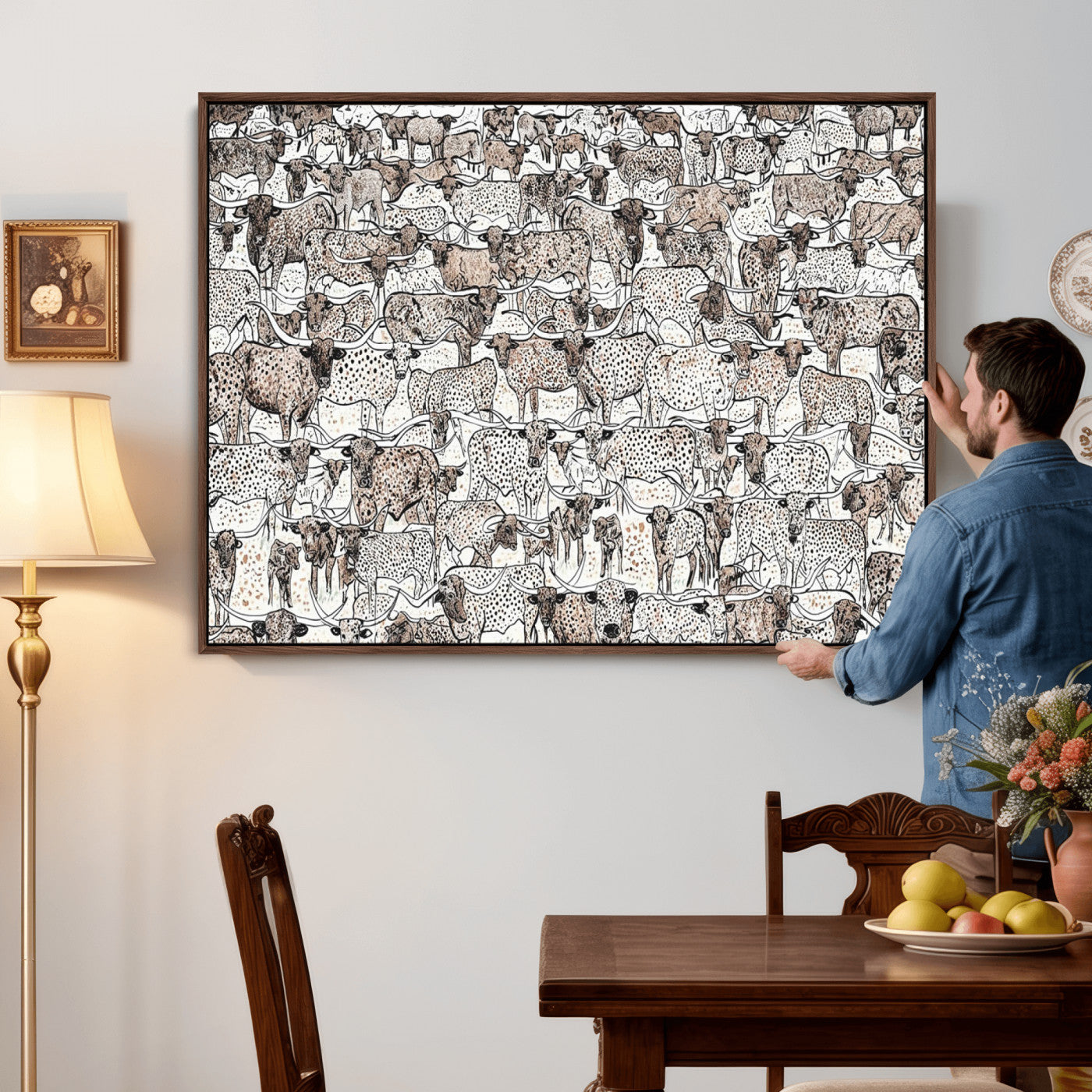 49200255-MGV-CV-36X24 - Farmhouse Animals Wall Art Canvas Print - Abstract Farm Animal Drawing Mid-Century Wall Art for Cabin Decor