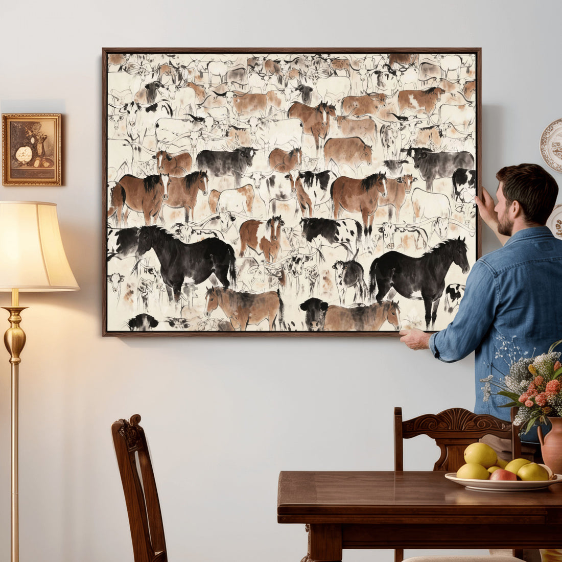 Wild Horses Wall Art Canvas Print, Abstract Farm Longhorn