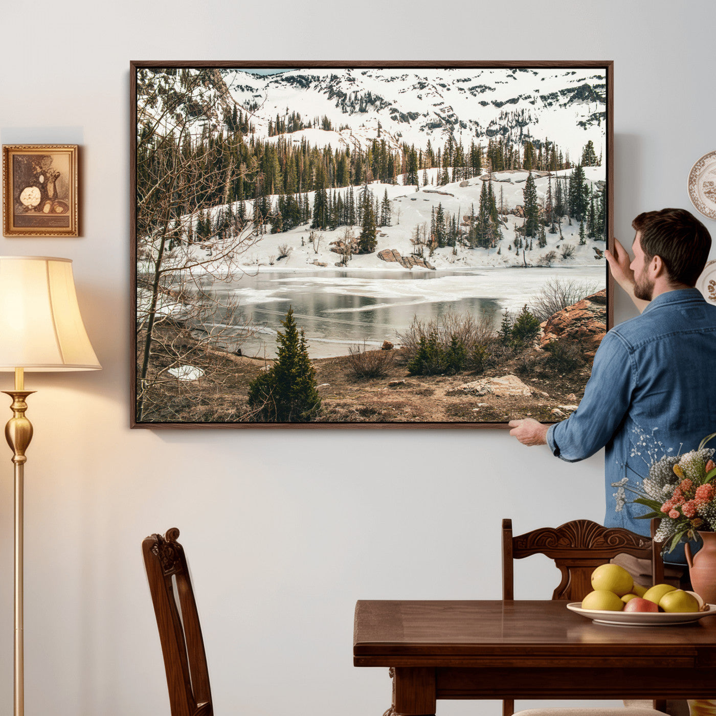 10336249-MGV-CV-36X24 - Snowy Mountain Landscape Wall Art Canvas Print, Alpine Pine Forest Winter Nature Wall Decor for Living Room and Office