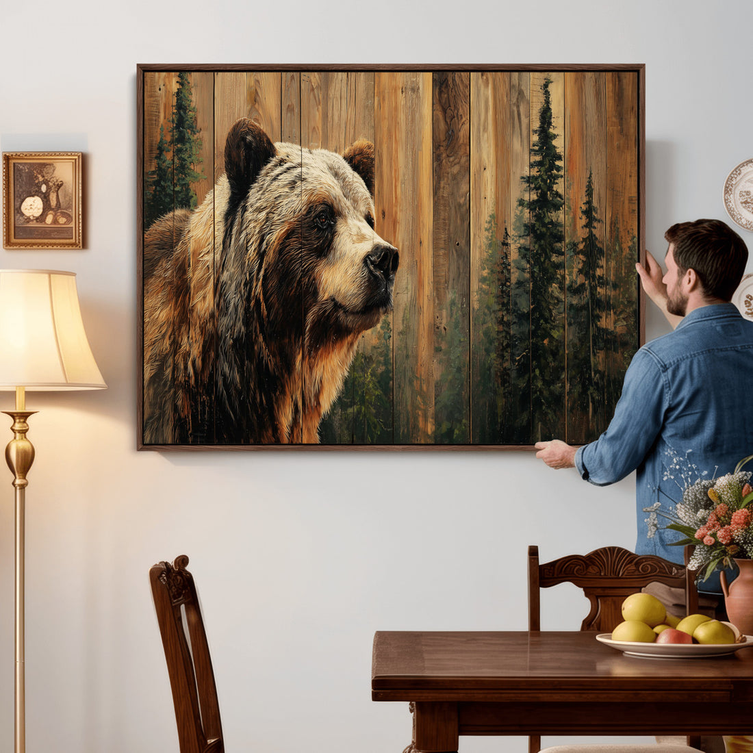 Grizzly Bear Wall Art Canvas Print, Rustic Wildlife Bear Artwork for Cabin and Lodge Decor
