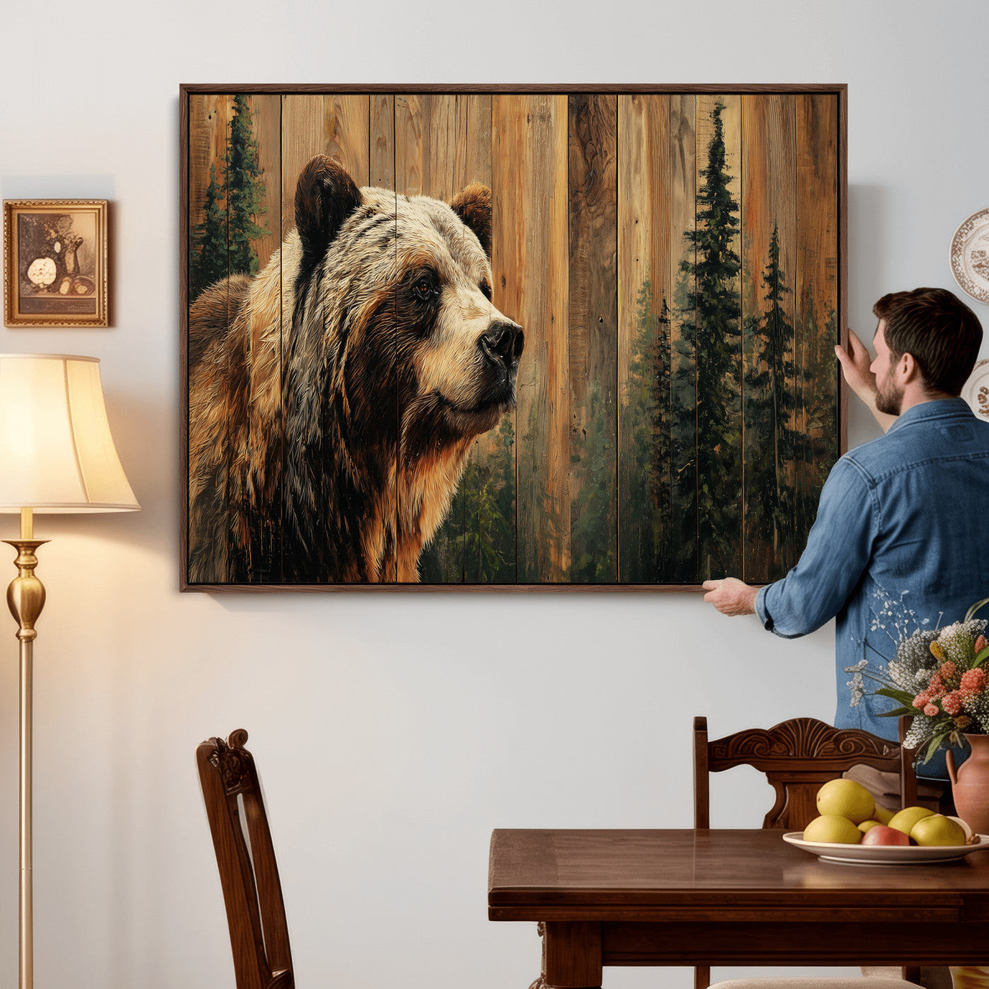75645180-MGV-CV-36X24 - Grizzly Bear Wall Art Canvas Print, Rustic Wildlife Bear Artwork, Forest Animal Painting, Cabin Lodge Nature Wall Decor