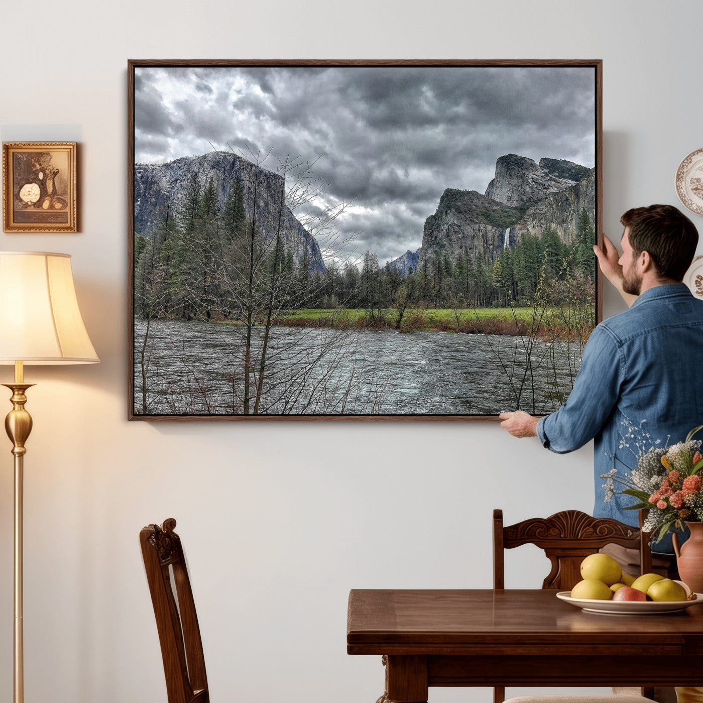 75582552-MGV-CV-36X24 - Yosemite Valley River Landscape Wall Art Canvas Print, Granite Cliffs Forest River Canvas Print, California National Park Moody Scenic Art Printi