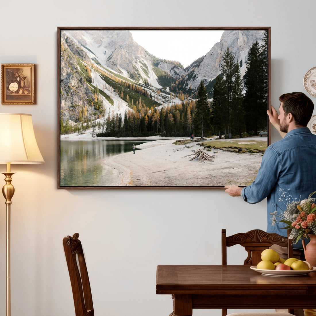 Lake Braies Alpine Landscape Wall Art Canvas Print, Dolomites Mountain Lake and Forest Scenic Nature Art