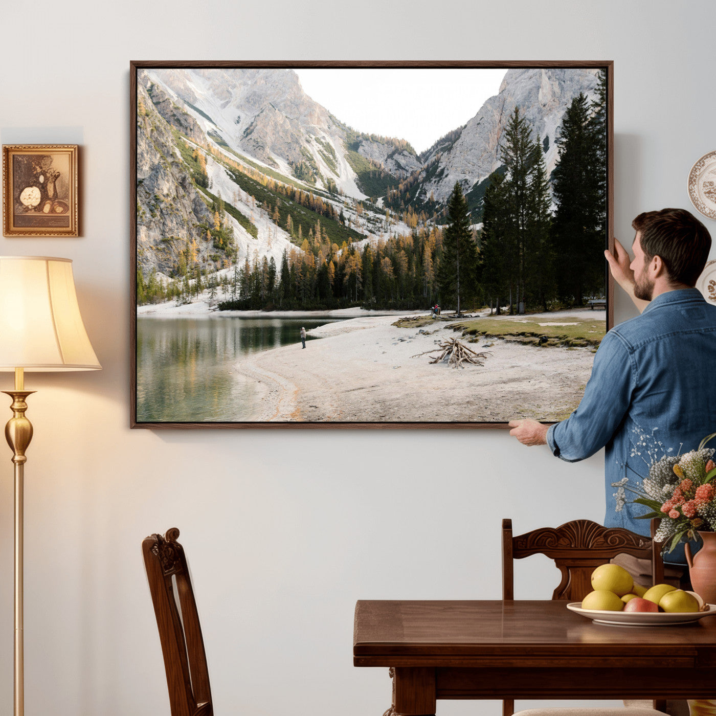 89246758-MGV-CV-36X24 - Lake Braies Alpine Landscape Wall Art Canvas Print, Dolomites Mountain Lake Forest Canvas Print, Italian Alps Scenic Nature Art Printing