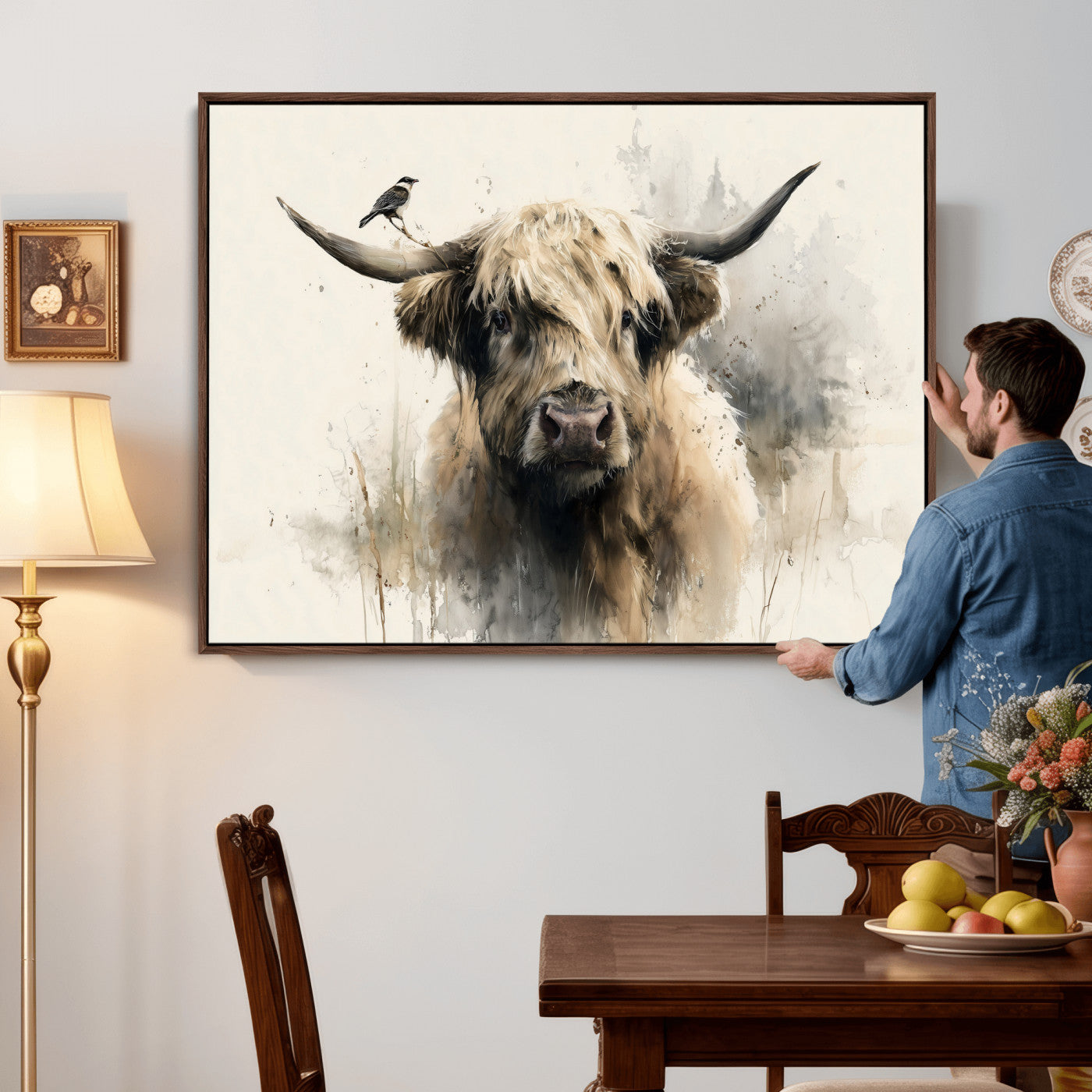 98249290-MGV-CV-36X24 - Abstract Highland Cow Watercolor Animal Wall Art Canvas Print, Rustic Farm Cattle Portrait Canvas Print, Neutral Wildlife Farmhouse Art Printing