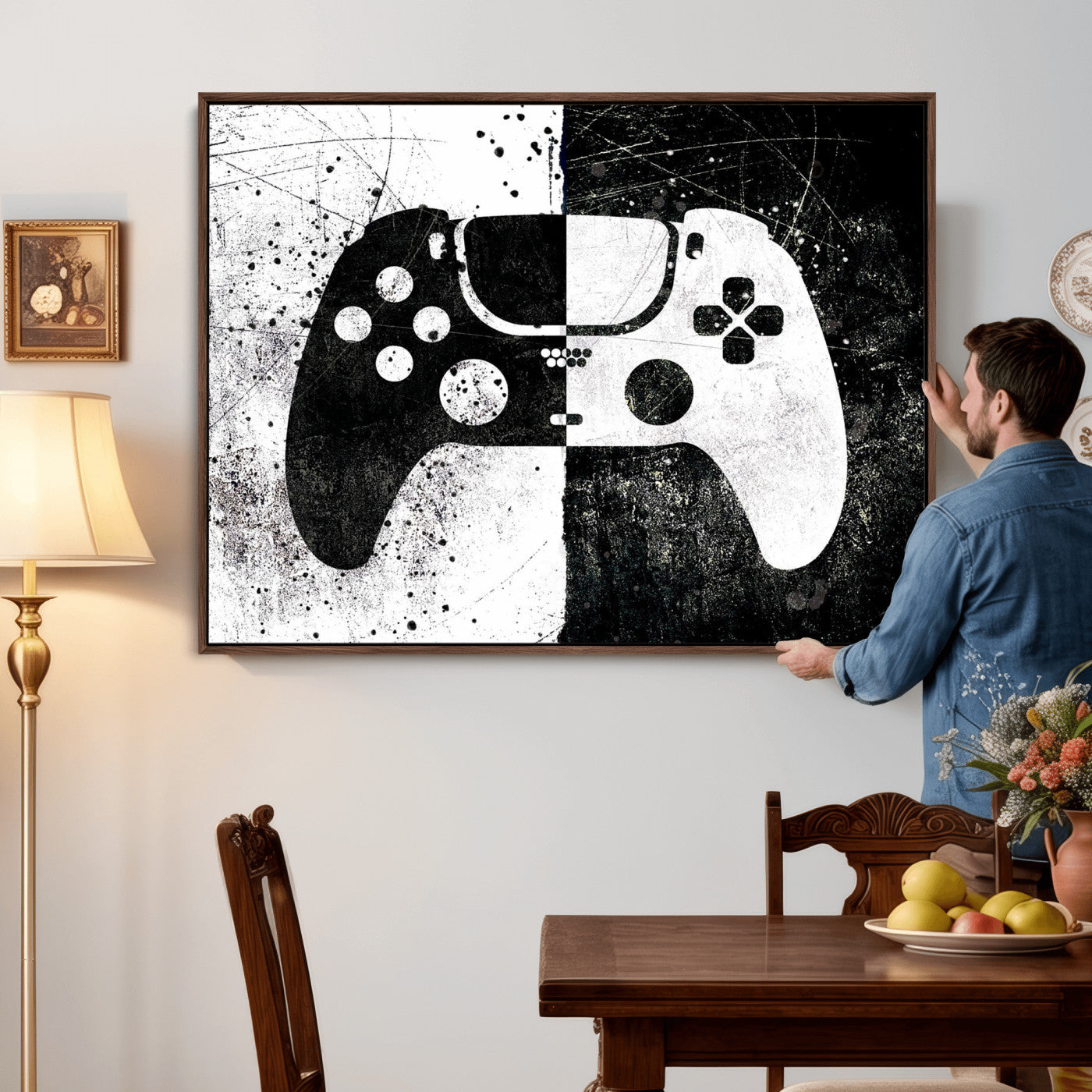 17525128-MGV-CV-36X24 - Abstract Gaming Controller Wall Art Canvas Print, Black White Video Game Controller Modern Canvas Print, Minimal Gamer Graphic Art Printing