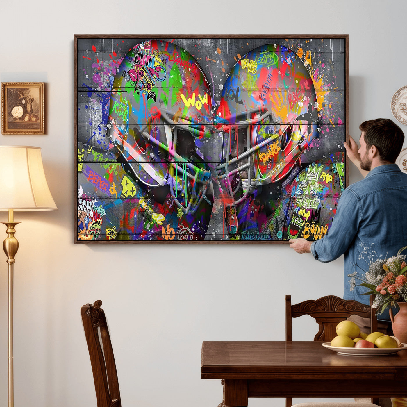 15309853-MGV-CV-36X24 - Graffiti Football Helmets Wall Art Canvas Print, Urban Street Art Sports Decor, Colorful American Football Graffiti Artwork