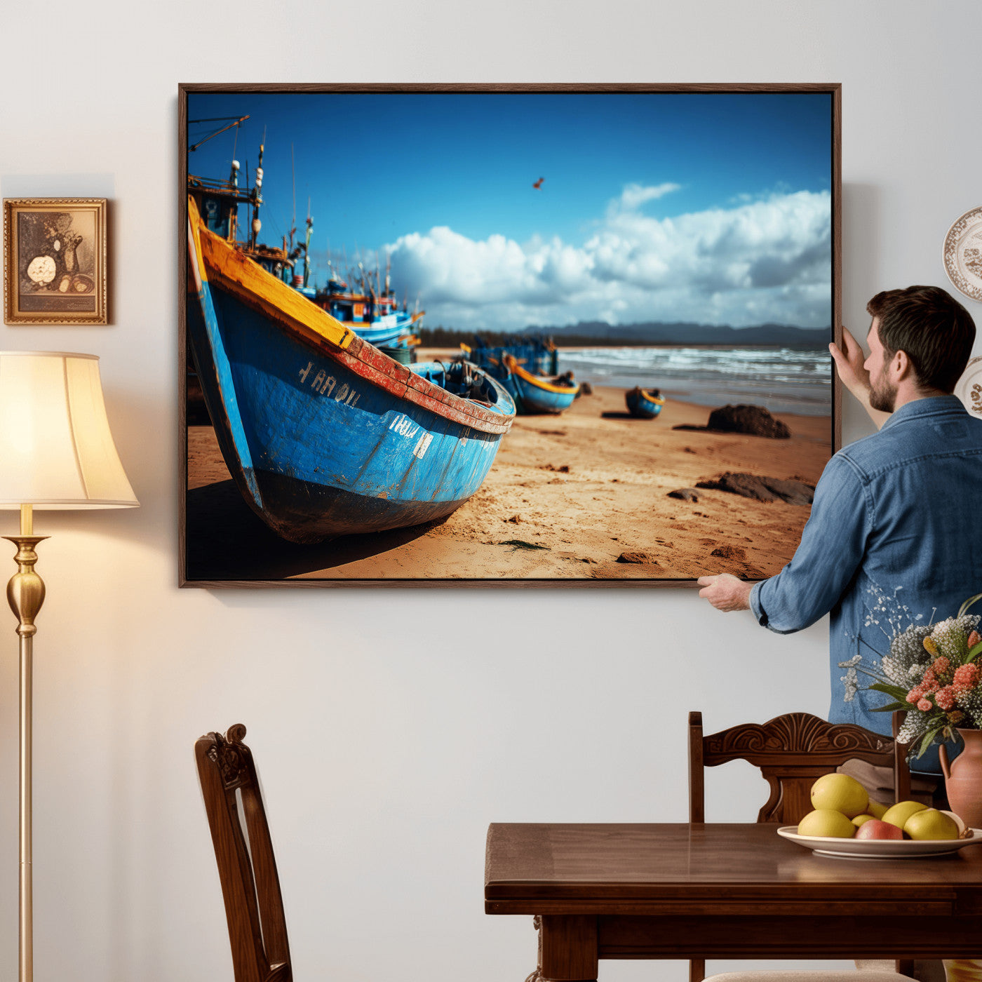 70925201-MGV-CV-36X24 - Fishing Boats Wall Art Canvas Print, Coastal Boat Beach Scene, Nautical Seaside Artwork, Ocean Shore Decor, Coastal Home Wall Art
