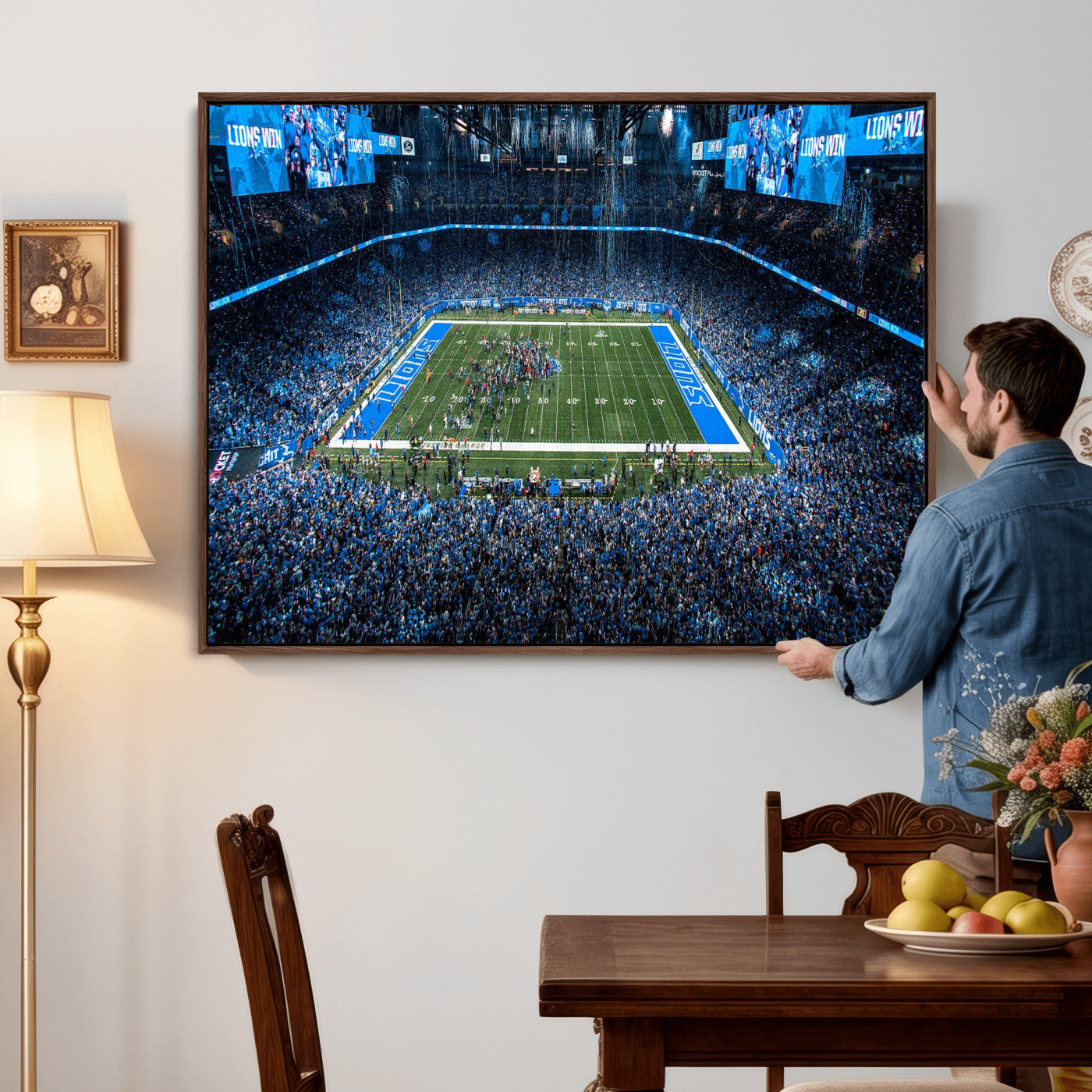 80882005-MGV-CV-36X24 - Detroit Lions Stadium Wall Art Canvas Print, Football Field Panorama Artwork, NFL Game Night Stadium Decor