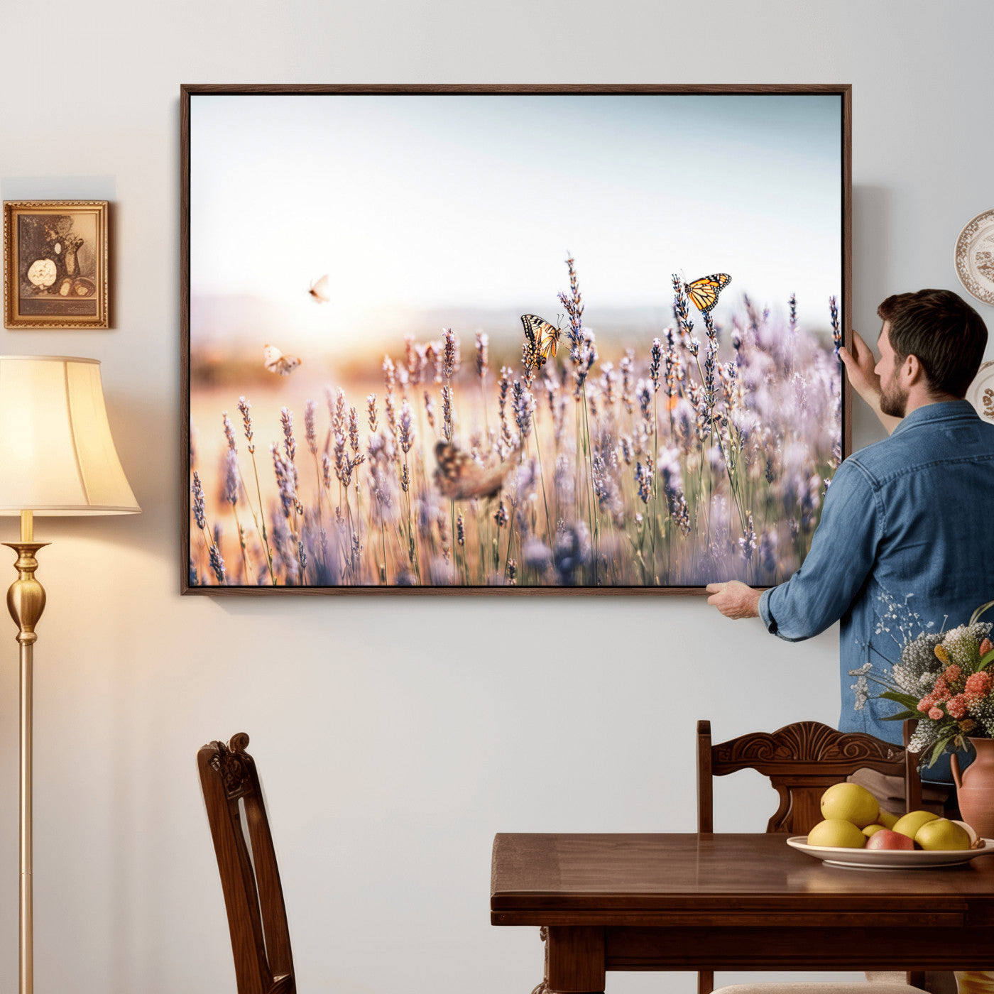 46417478-MGV-CV-36X24 - Lavender Field Wall Art Canvas Print, Butterfly Floral Landscape Art, Soft Nature Wall Decor for Bedroom