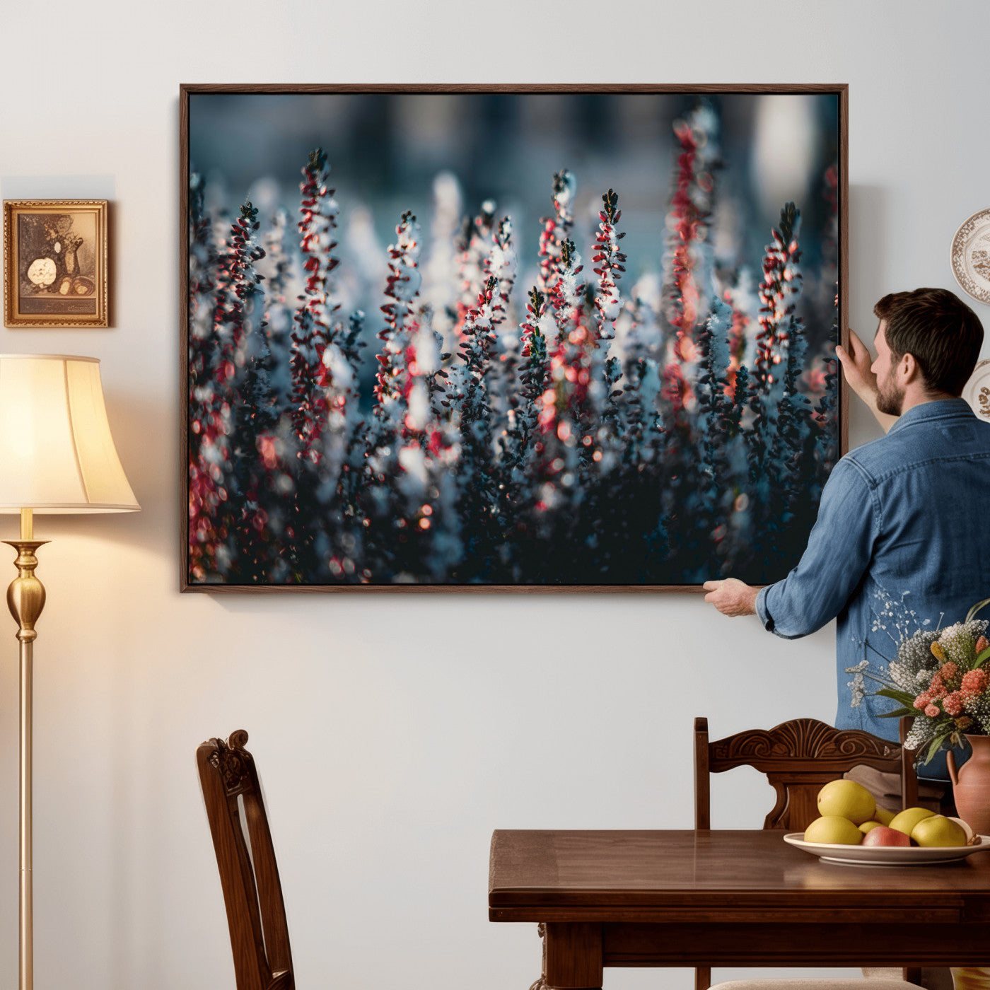 82063935-MGV-CV-36X24 - Winter Heather Wall Art Canvas Print, Frosted Floral Nature Art, Moody Botanical Wall Decor