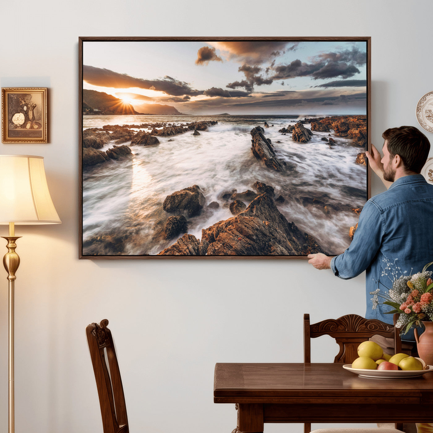 66746024-MGV-CV-36X24 - Rocky Coast Ocean Sunset Wall Art Canvas Print, Dramatic Seascape Nature Wall Decor for Living Room and Office