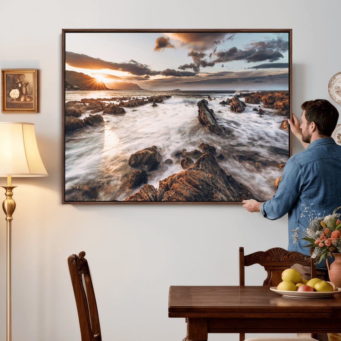 Rocky Coast Ocean Sunset Wall Art Canvas Print, Dramatic Seascape Nature Decor