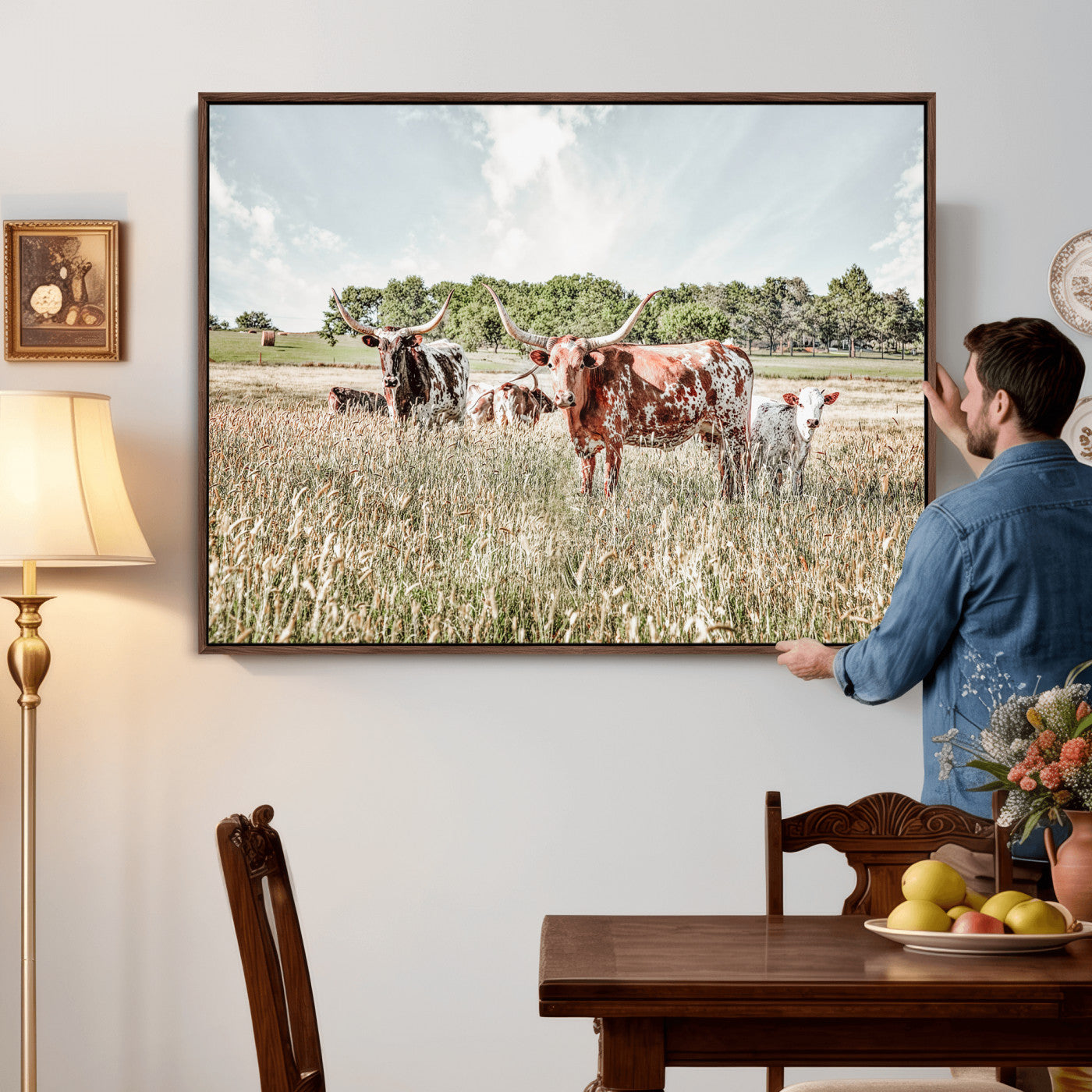 33963645-MGV-CV-36X24 - Texas Longhorn Cattle Wall Art Canvas Print, Western Ranch Landscape Nature Wall Decor for Living Room and Office