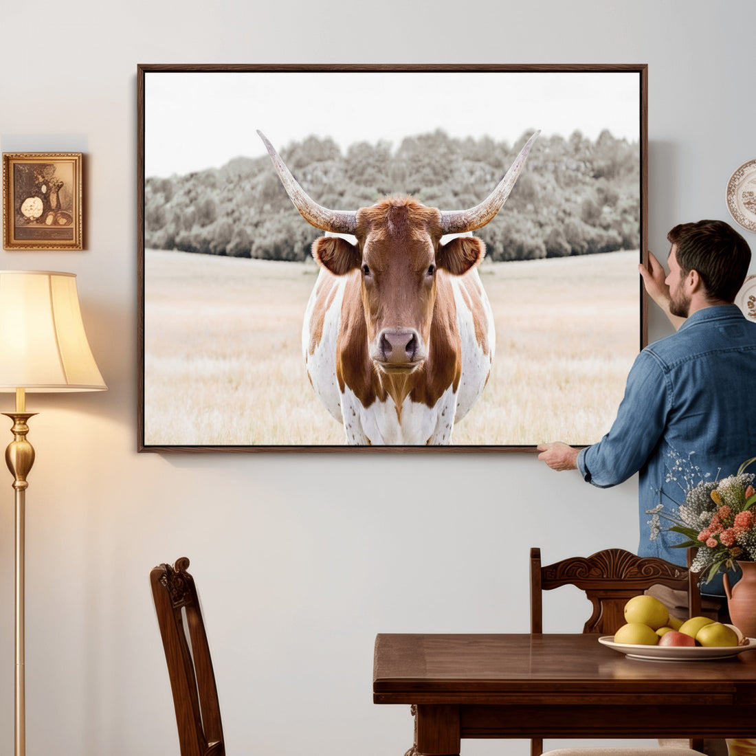 Texas Longhorn Bull Wall Art Canvas Print, Rustic Western Decor