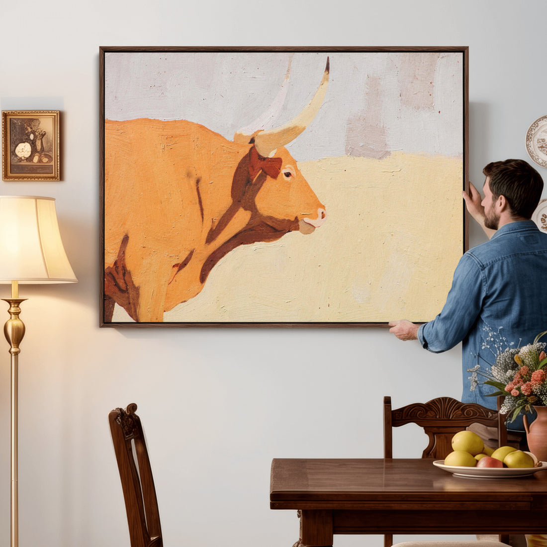 Minimal Longhorn Bull Wall Art Canvas Print, Neutral Western Decor
