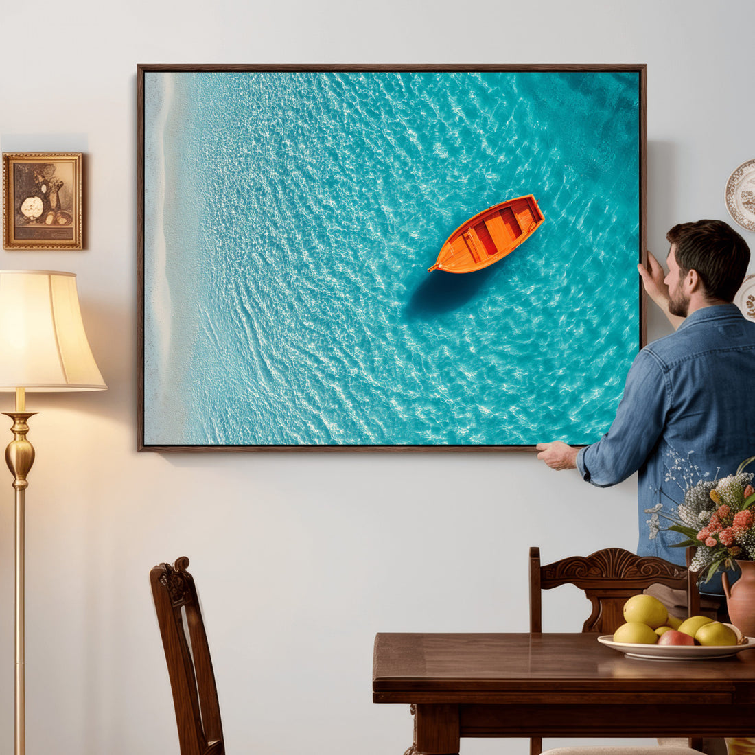 Minimalist Boat Wall Art Canvas Print, Aerial Sea Landscape