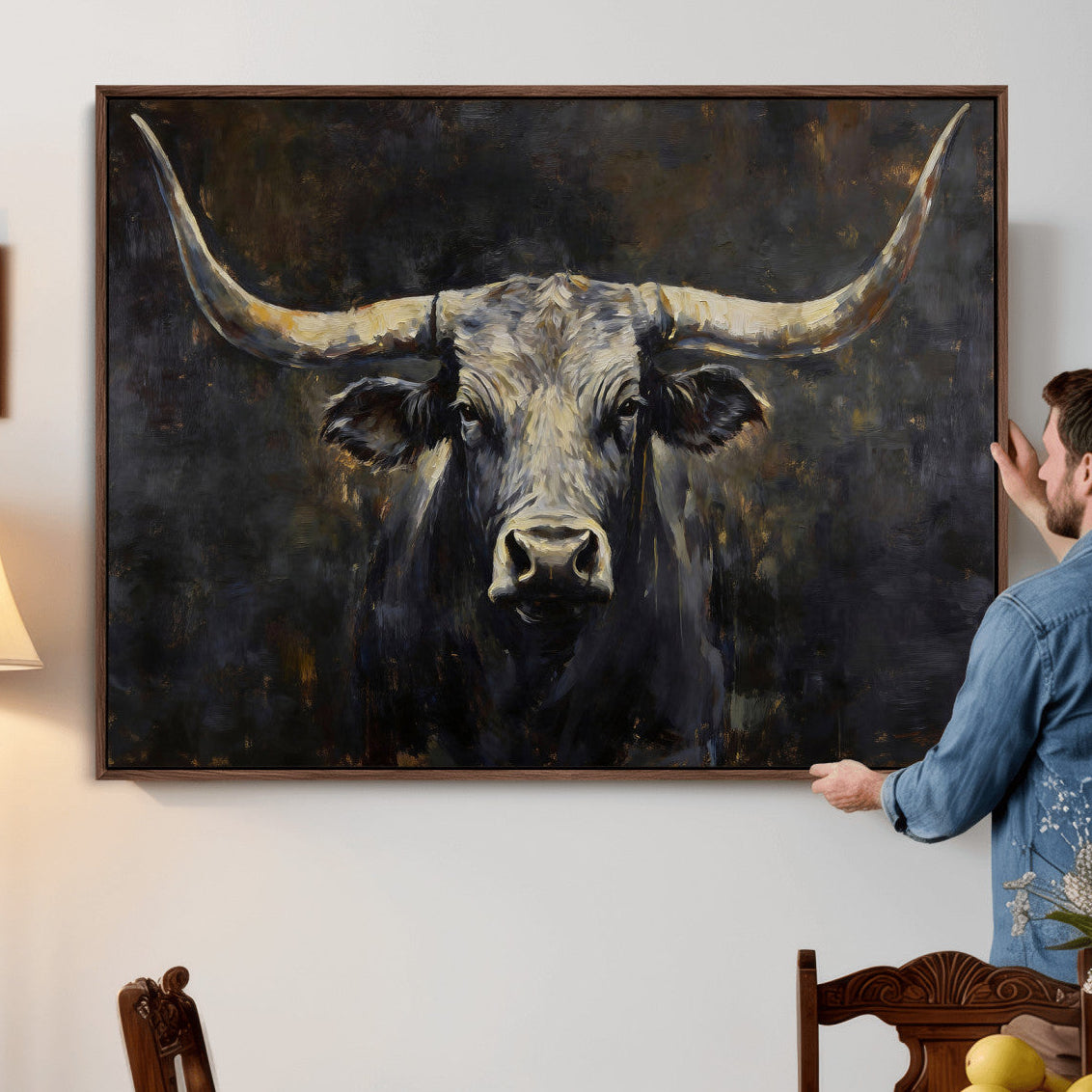 23103630-MGV-CV-36X24 - Rustic Longhorn Bull Wall Art Canvas Print – Vintage Western Cattle Artwork for Farmhouse, Ranch, Cabin, and Office Decor