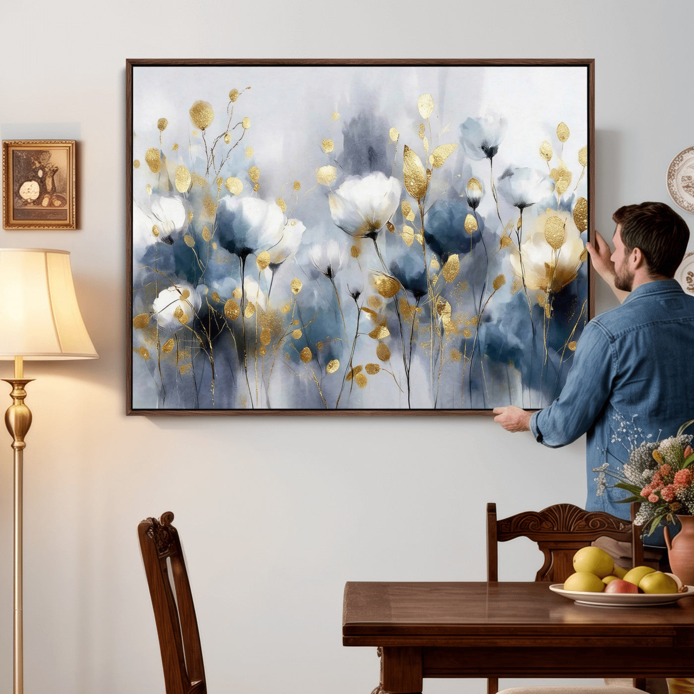 84358857-MGV-CV-36X24 - Large Abstract Flowers Wall Art Canvas Print – Gold and Blue Botanical Artwork for Living Room, Bedroom, and Office Decor
