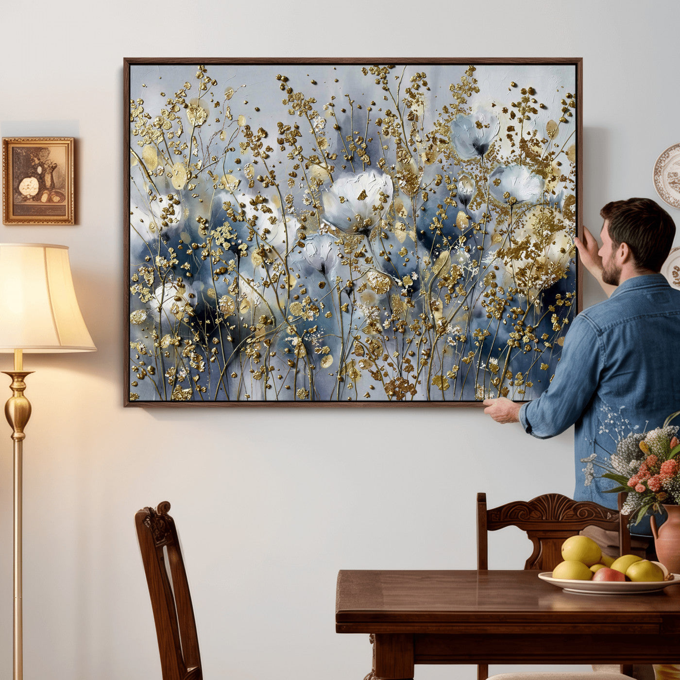 24499670-MGV-CV-36X24 - Abstract Floral Wall Art Canvas Print – Gold and Blue Botanical Artwork for Living Room, Bedroom, and Office Decor