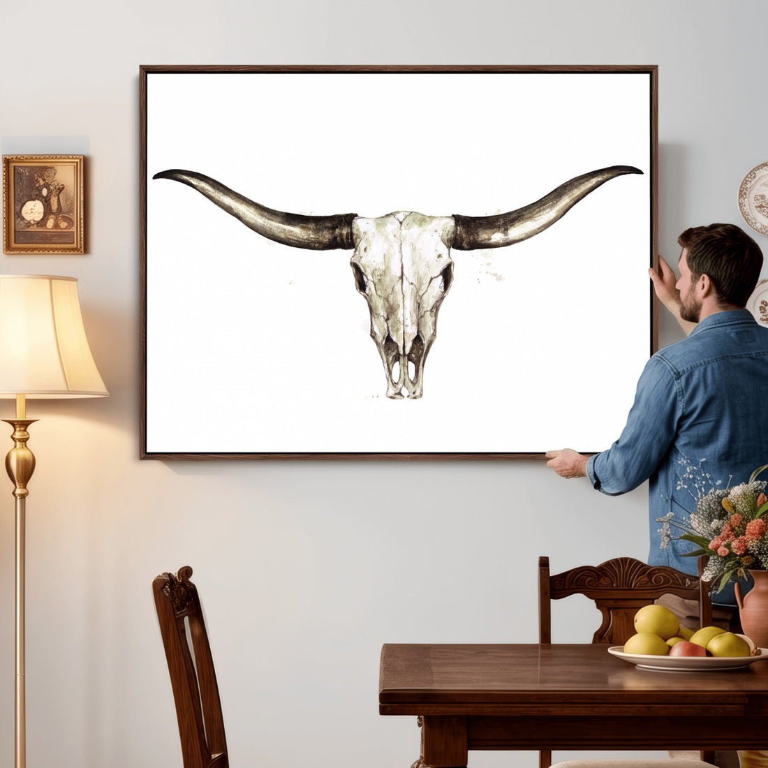 Longhorn Skull Wall Art Canvas Print, Rustic Western Decor, Framed and Ready to Hang