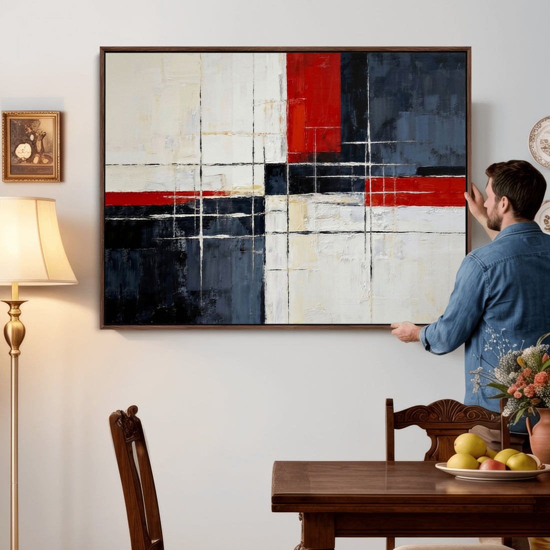 Navy Red Abstract Wall Art Canvas Print, Modern Luxury Geometric Art for Living Room and Office