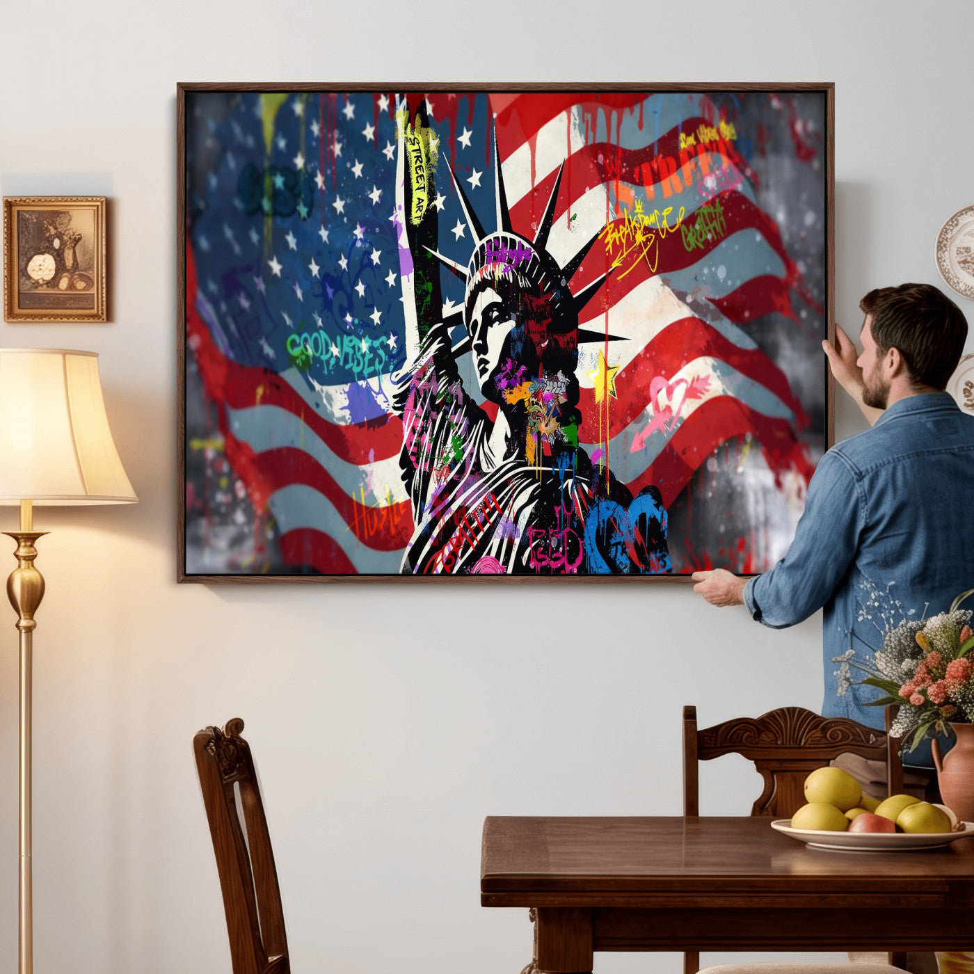 32151941-MGV-CV-36X24 - USA Statue of Liberty Graffiti Street Art Wall Art Canvas Print, American Flag Urban Pop Art Canvas Print, Modern Patriotic Street Art Contemporary Art Printing