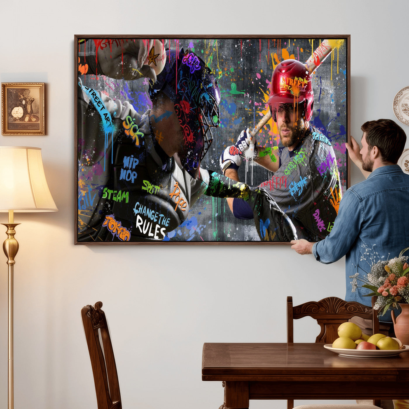 19634994-MGV-CV-36X24 - Graffiti Baseball Player Street Art Wall Art Canvas Print, Urban Sports Pop Art Baseball Canvas Print, Modern Athletic Graffiti Contemporary Art Printing