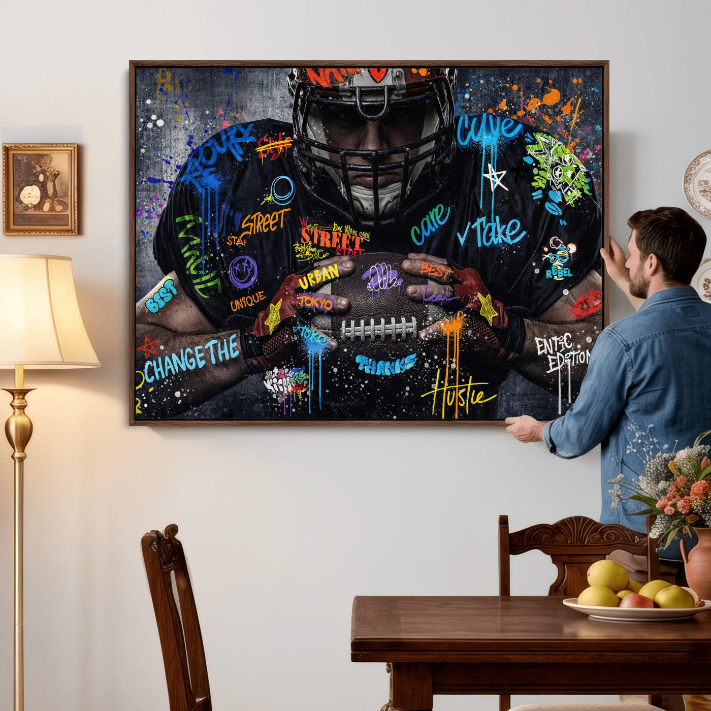 55267256-MGV-CV-36X24 - Graffiti American Football Player Street Art Wall Art Canvas Print, Urban Sports Pop Art Football Canvas Print, Modern Athletic Graffiti Contemporary Art Printing