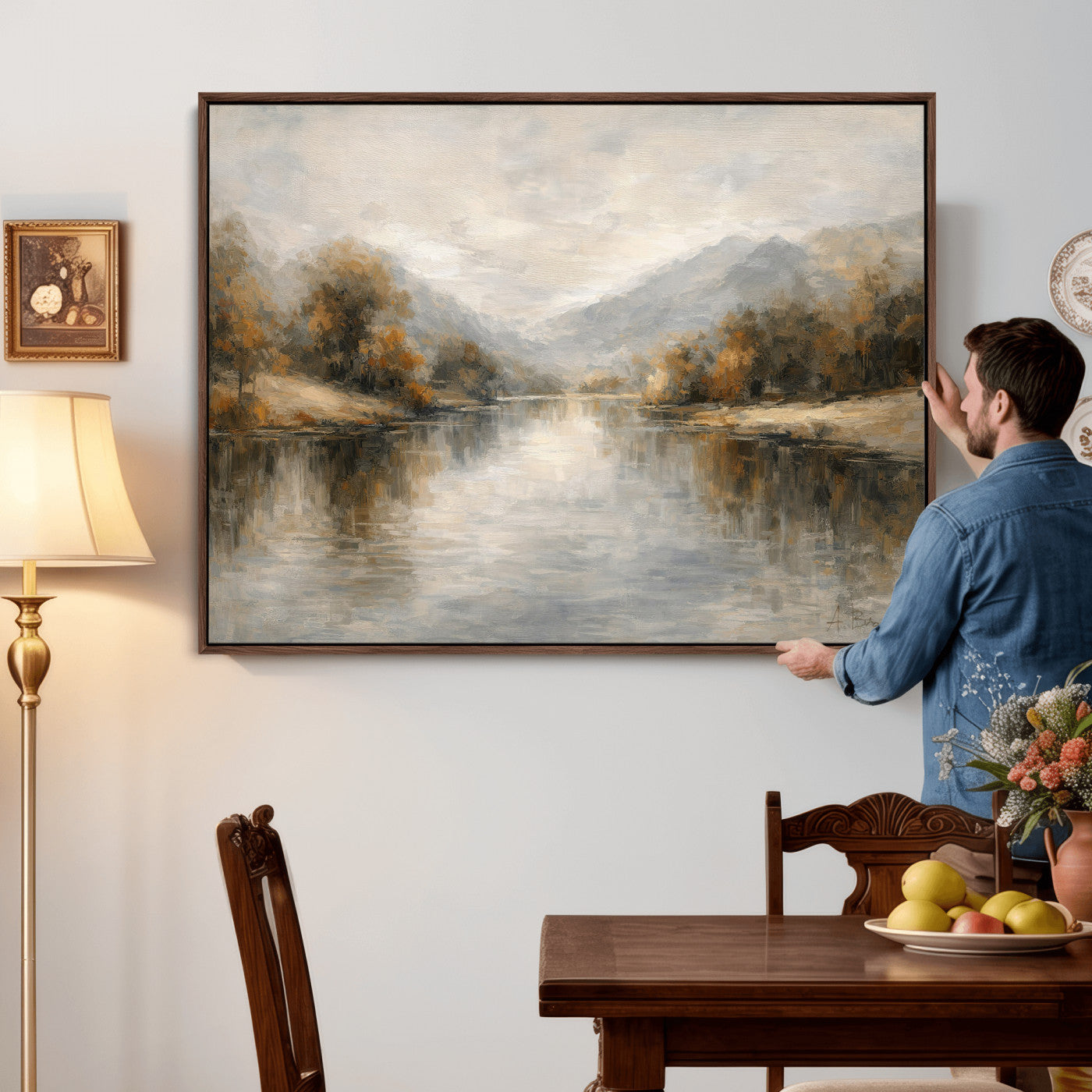 29251761-MGV-CV-36X24 - Neutral Abstract River Landscape Wall Art Canvas Print, Modern Minimal Nature Reflection Canvas Print, Beige Gray Contemporary Mountain Art Printing