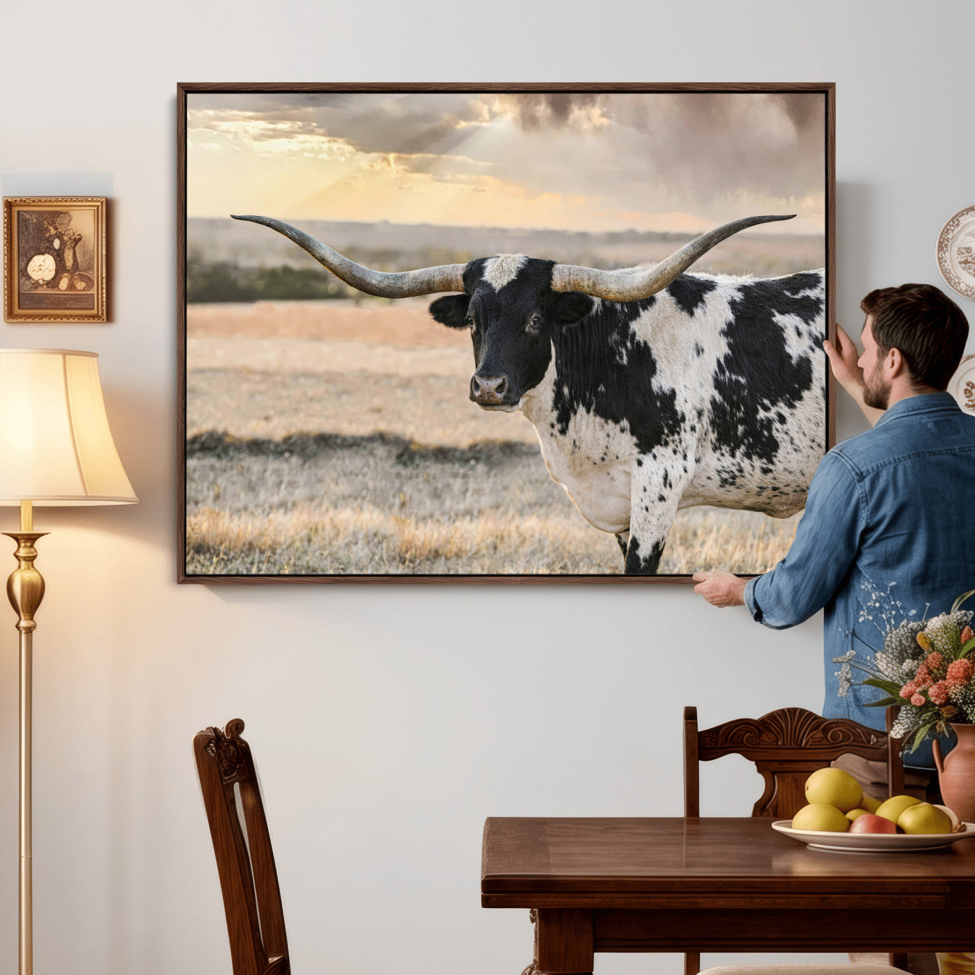 49350433-MGV-CV-36X24 - Texas Longhorn Bull Rustic Wall Art Canvas Print, Western Cattle Photography Canvas Print, Ranch Farm Animal Western Art Printing