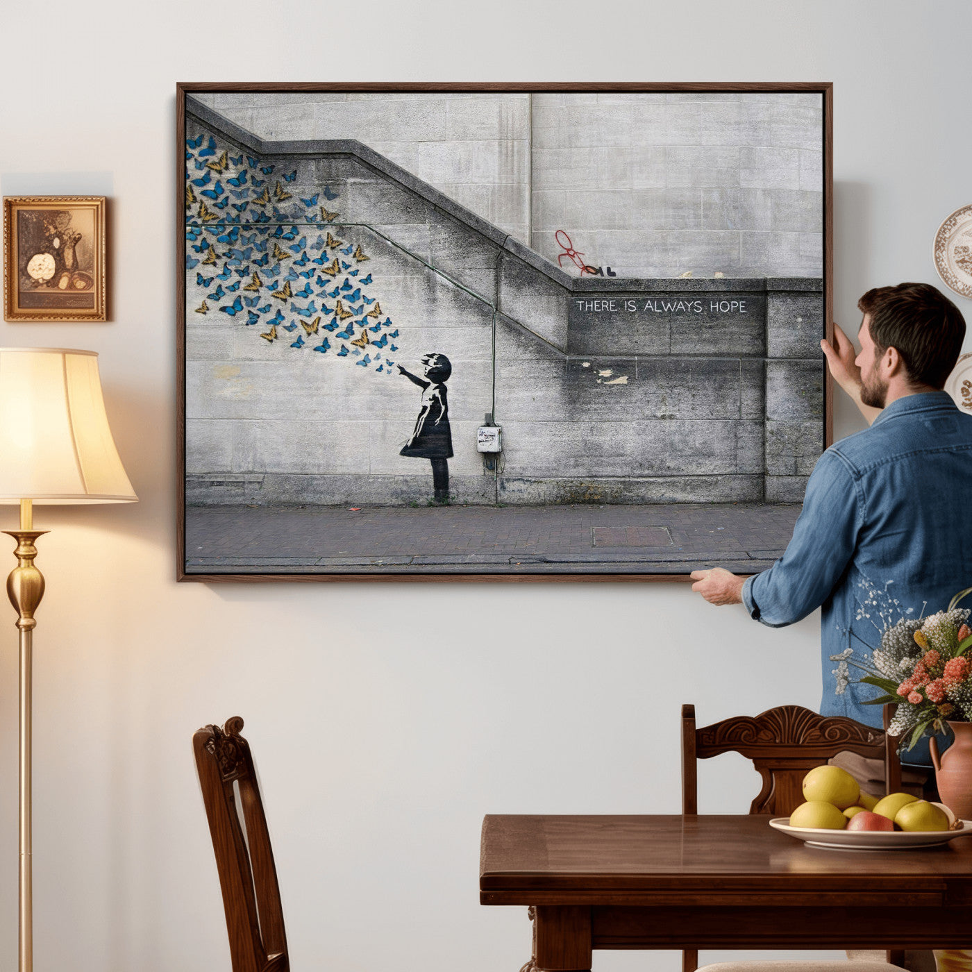 15274223-MGV-CV-36X24 - Banksy Girl with Butterflies Street Art Wall Art Canvas Print, Hope Graffiti Urban Art Canvas Print, Minimalist Inspirational Street Art Contemporary Art Printing