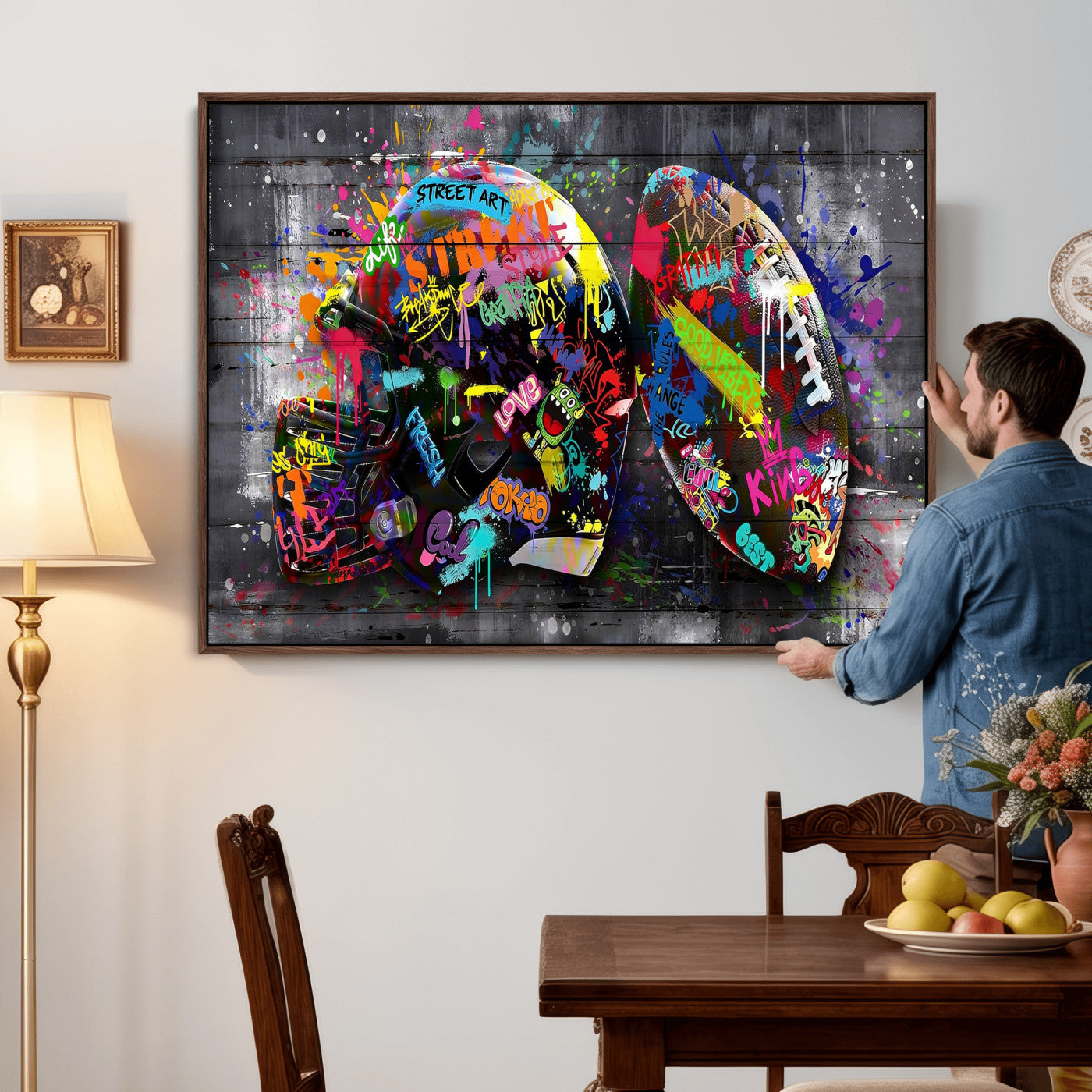 80540773-MGV-CV-36X24 - Graffiti American Football Helmet Street Art Wall Art Canvas Print, Urban Sports Pop Art Football Canvas Print, Colorful Graffiti Sports Contemporary Art Printing