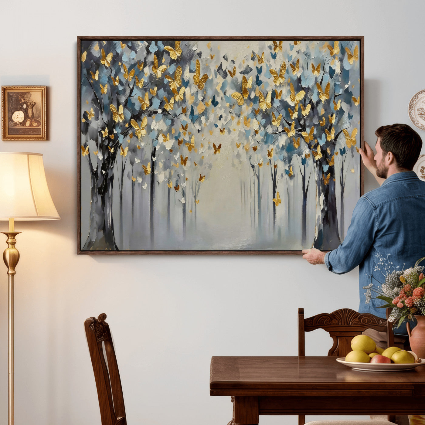 79208191-MGV-CV-36X24 - Golden Butterfly Tree Abstract Wall Art Canvas Print, Modern Elegant Nature Painting Canvas Print, Blue Gold Contemporary Floral Art Printing