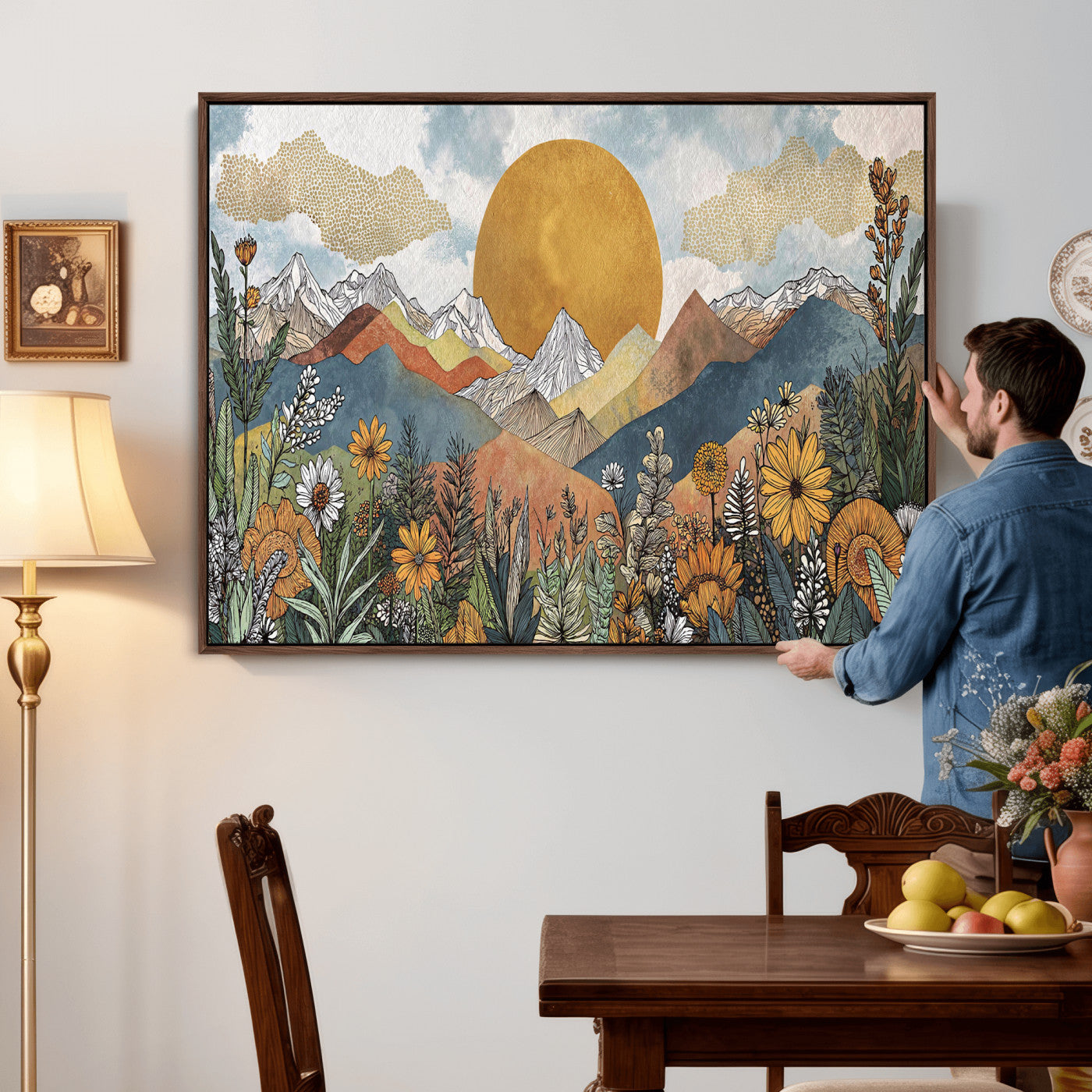 17540863-MGV-CV-36X24 - Boho Mountain Landscape Large Wall Art, Horizontal Gold Framed Canvas Print with Sun and Flowers