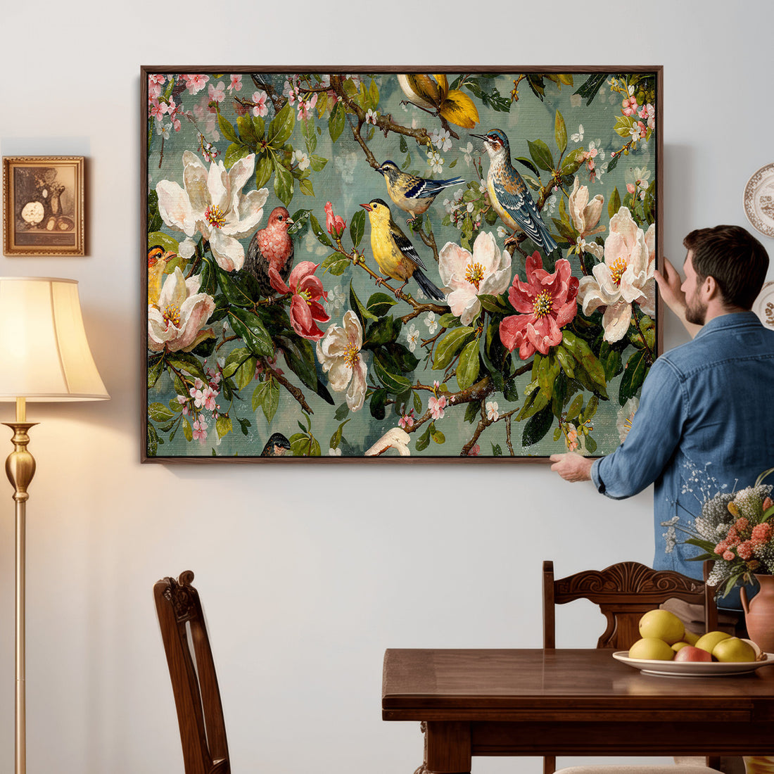 Vintage Birds and Flowers Wide Wall Art, Extra Large Panoramic Botanical Print