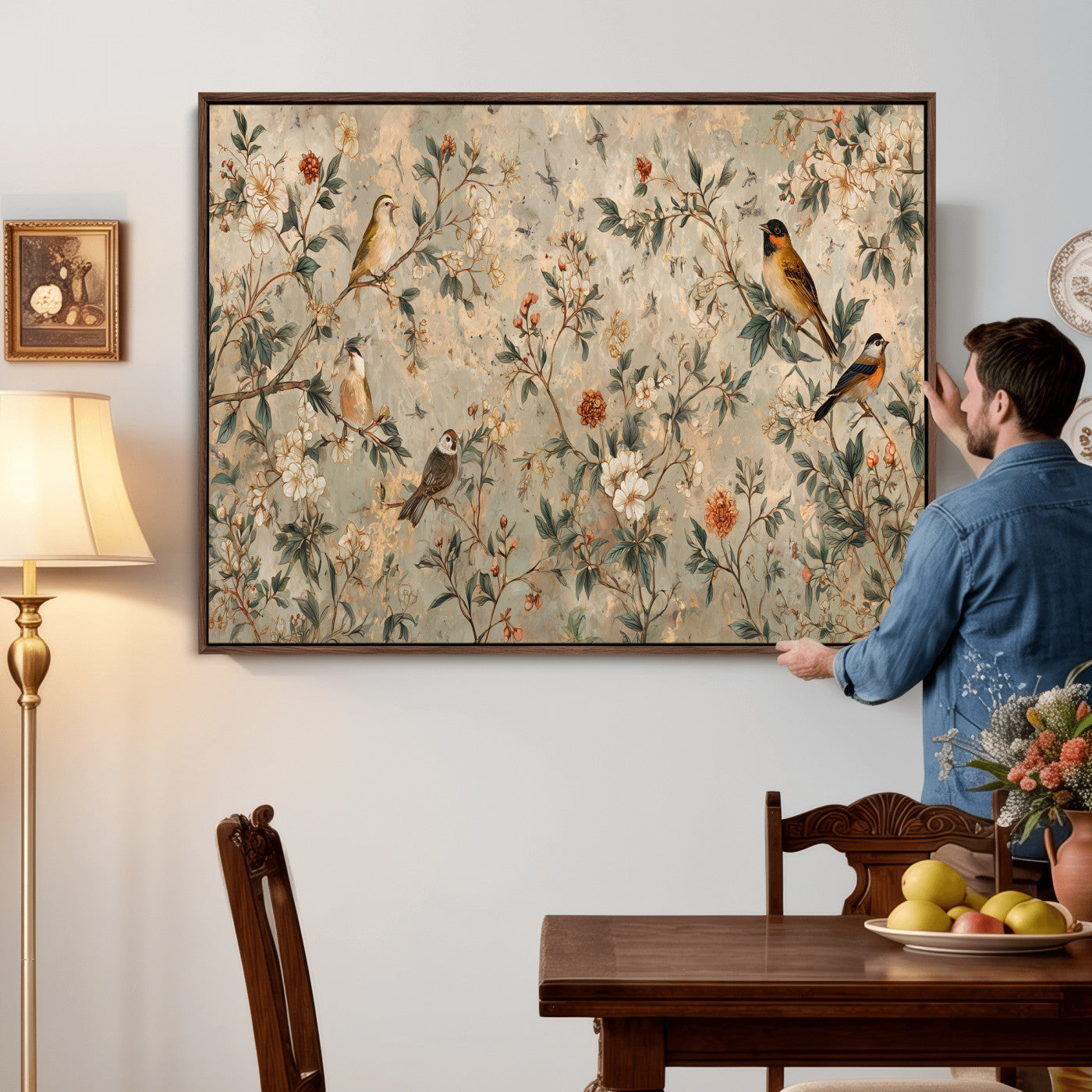 76588438-MGV-CV-36X24 - Vintage Birds and Flowers Wall Art Canvas Print, Botanical Bird Painting Canvas Print, Floral Garden Bird Artwork Canvas Print, Classic Bird Flower Painting Canvas Print