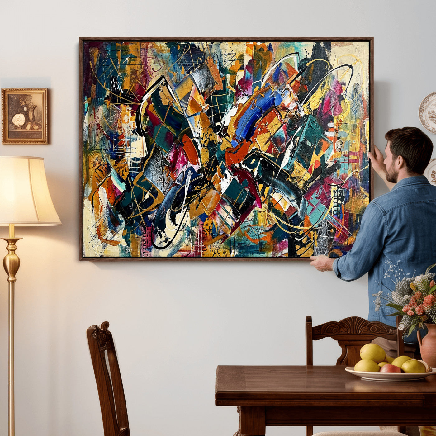 15525527-MGV-CV-36X24 - Geometric Abstract Wall Art Canvas Print, Orange Blue Abstract Expressionist Painting Print, Modern Geometric Abstract Canvas Art