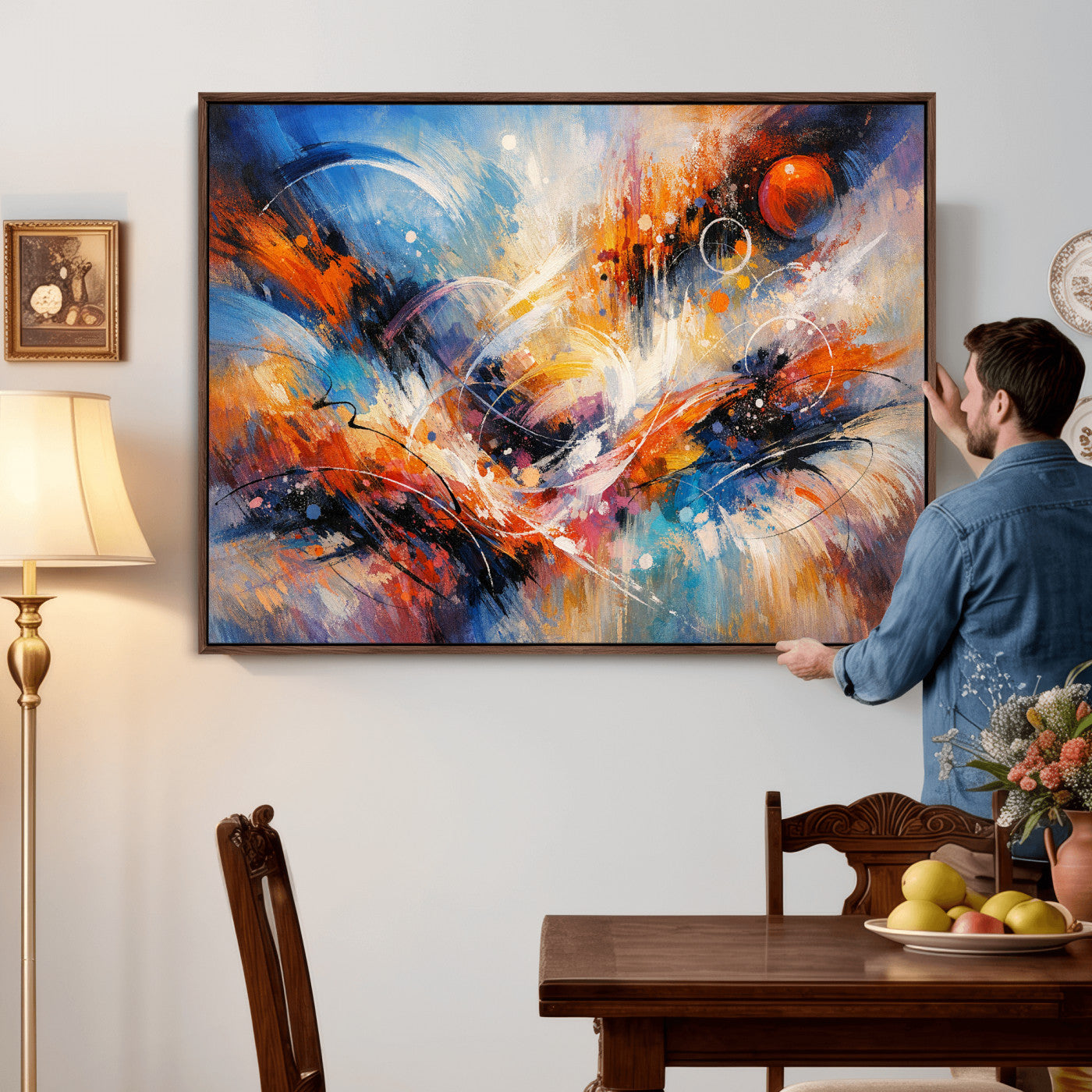 47770355-MGV-CV-36X24 - Geometric Abstract Wall Art Canvas Print, Orange Blue Abstract Expressionist Painting Print, Modern Geometric Abstract Canvas Art
