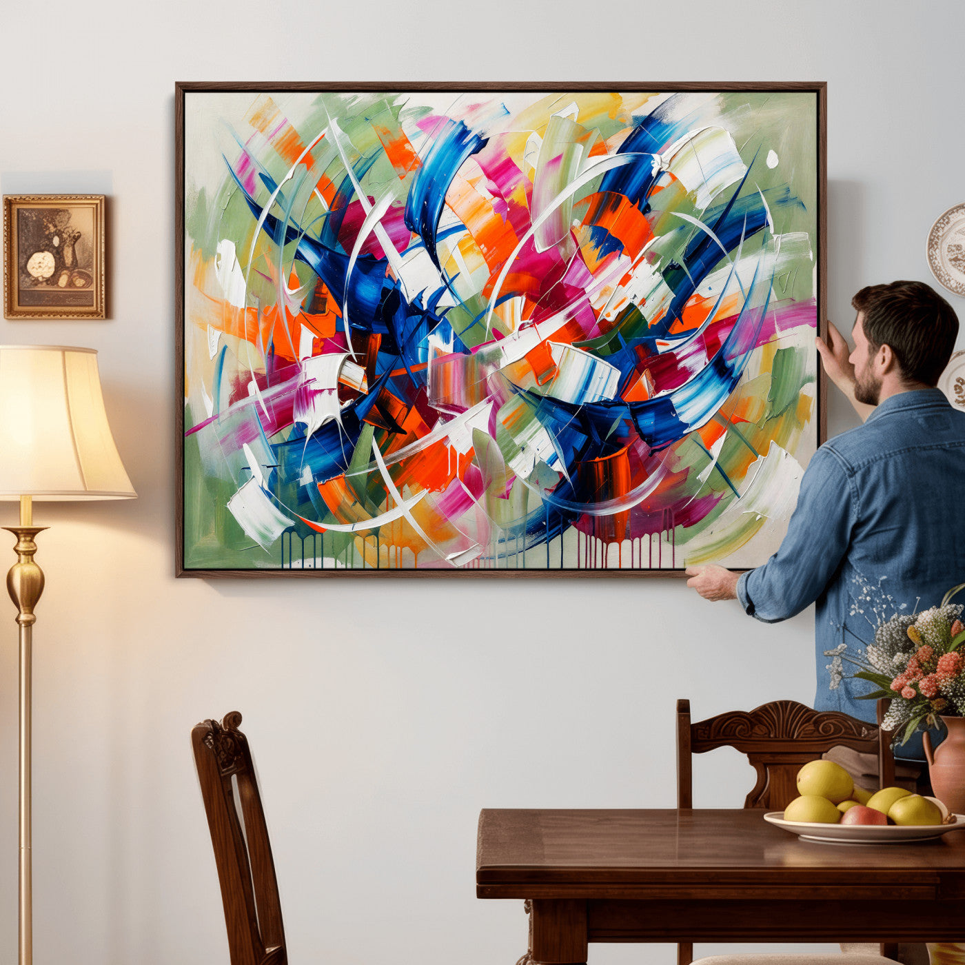 15032888-MGV-CV-36X24 - Geometric Abstract Wall Art Canvas Print, Orange Blue Abstract Expressionist Painting Print, Modern Geometric Abstract Canvas Art