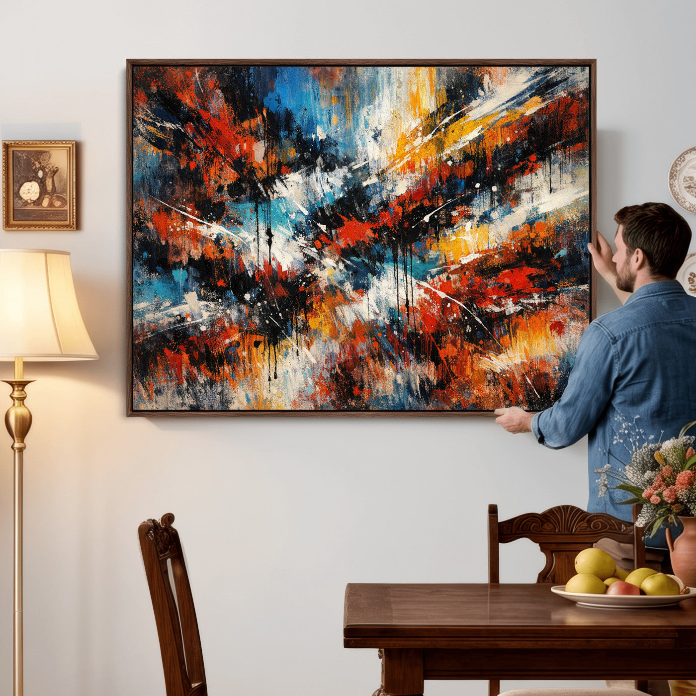 80276069-MGV-CV-36X24 - Geometric Abstract Wall Art Canvas Print, Orange Blue Abstract Expressionist Painting Print, Modern Geometric Abstract Canvas Art