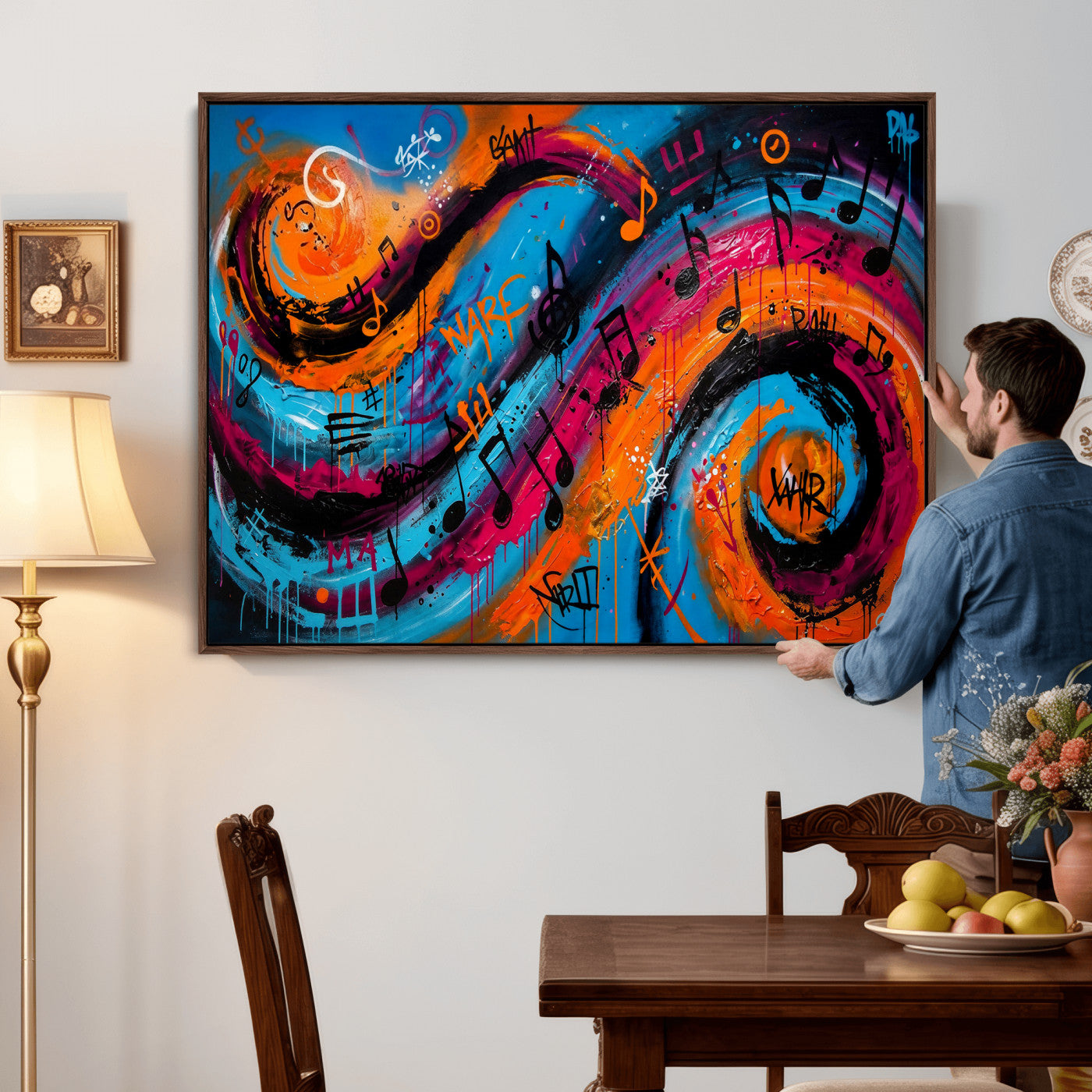 34936518-MGV-CV-36X24 - Geometric Abstract Wall Art Canvas Print, Orange Blue Abstract Expressionist Painting Print, Modern Geometric Abstract Canvas Art